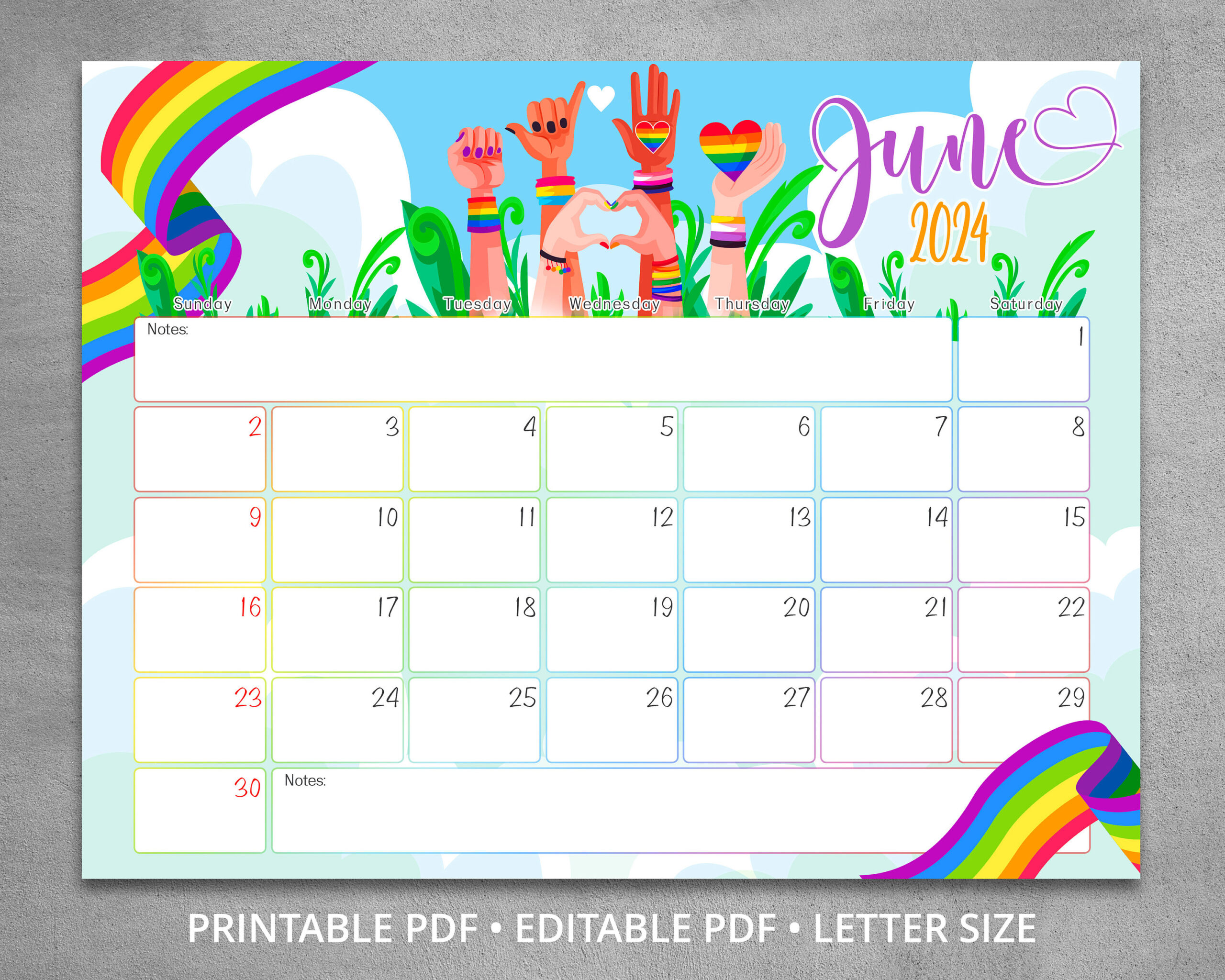 Bearbeitbarer Juni 2024 Kalender, Pride Month, Lgbt Queer in June Pride Month Calendar 2024