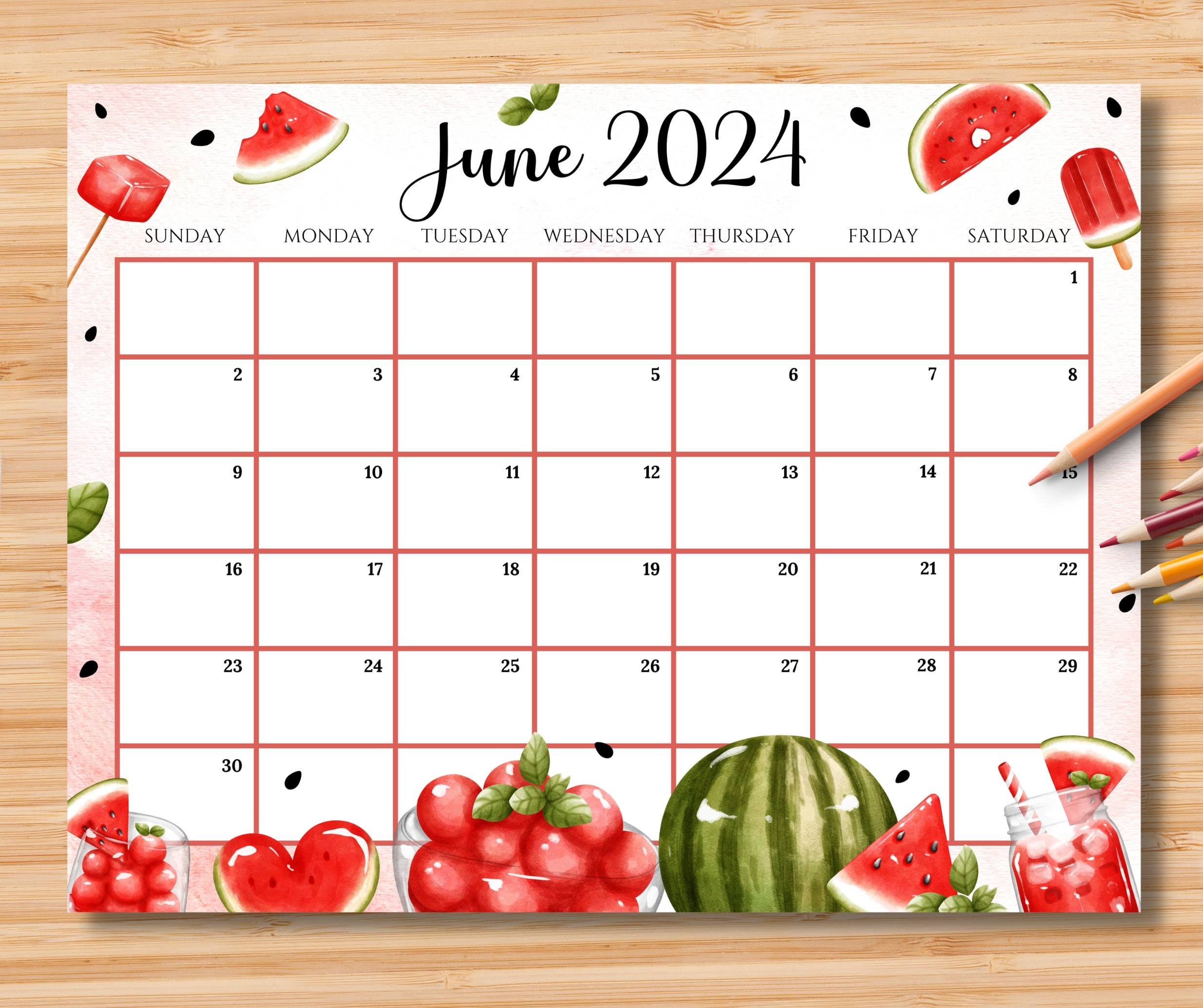 Buy Editable June 2024 Calendar, Happy Summer W/Sweet &amp;amp; Colorful in Editable June 2024 Calendar
