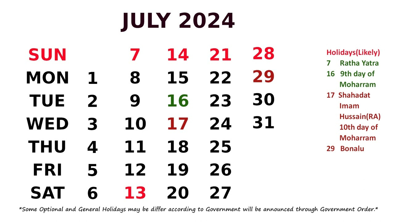 Calendar July 2024 inside July 2024 Calendar India