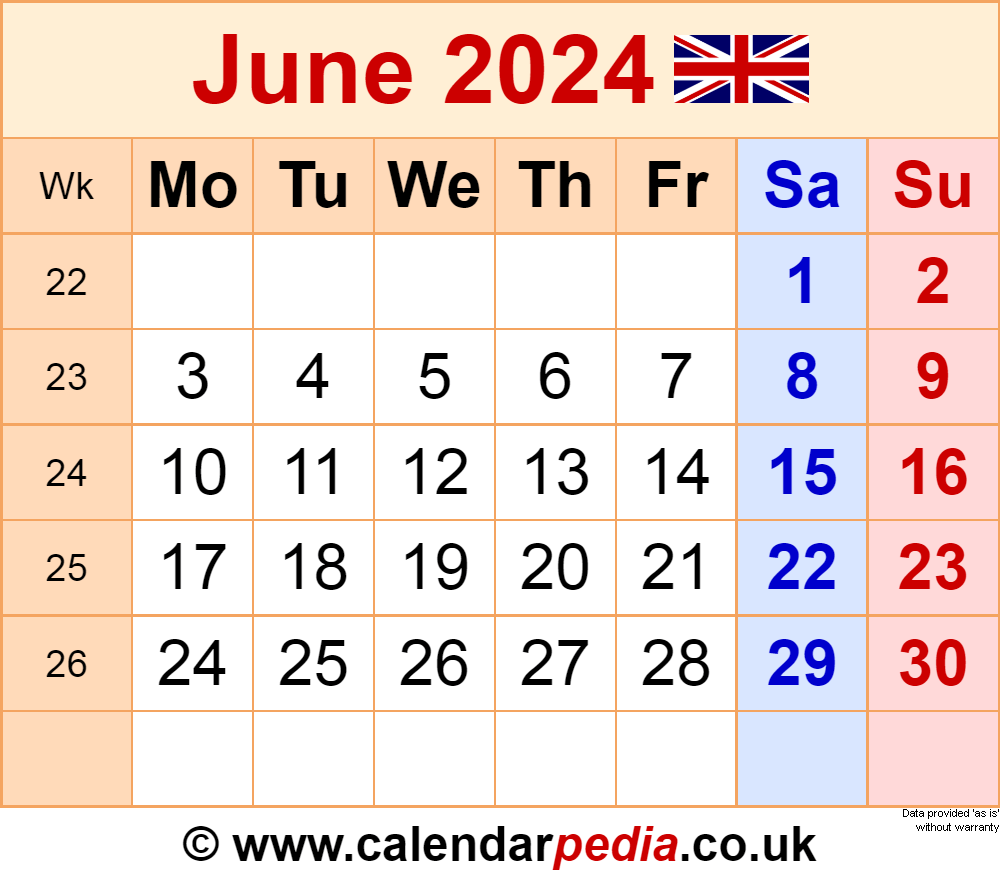 Calendar June 2024 Uk With Excel, Word And Pdf Templates regarding June 2024 Calendar Uk