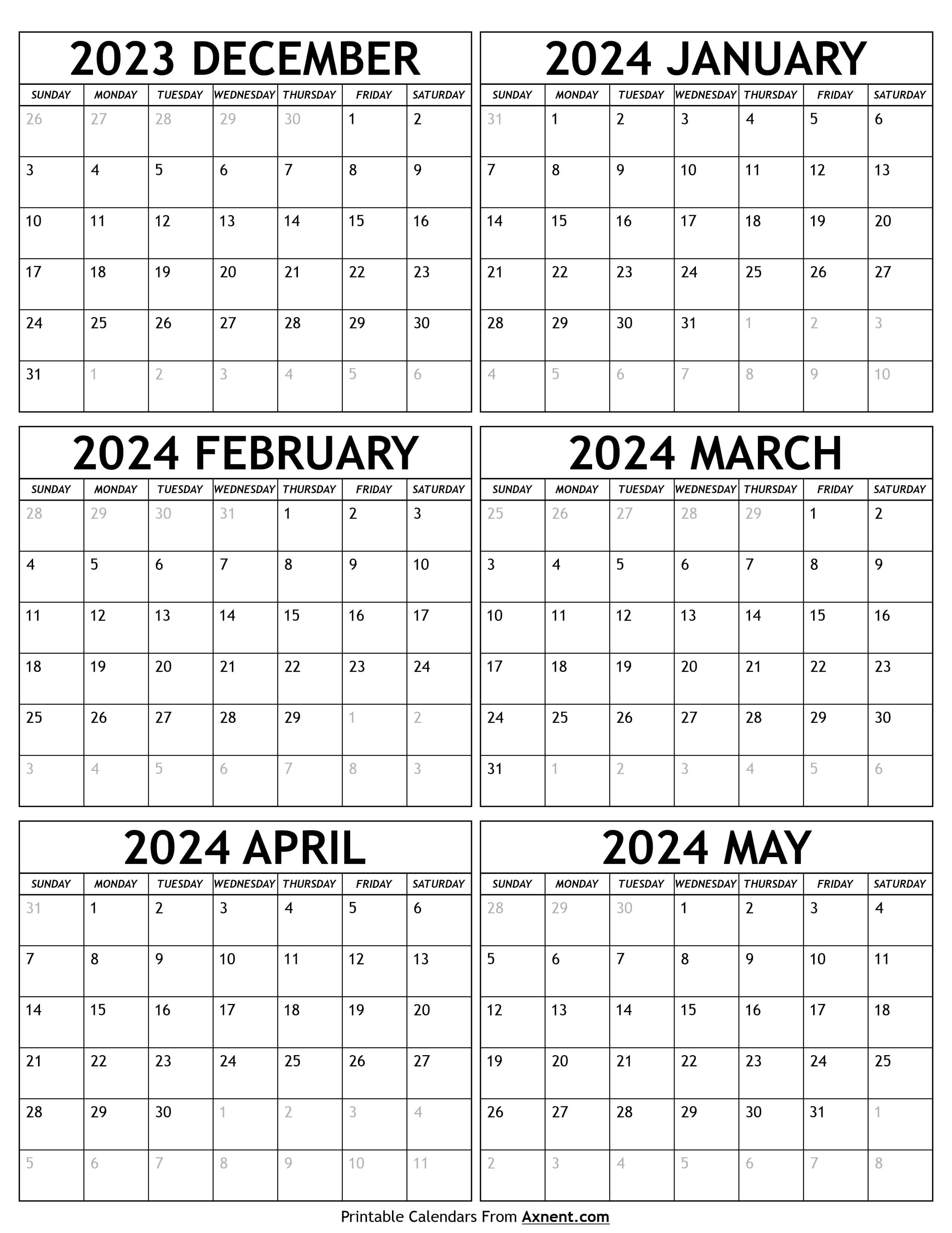 December 2023 To May 2024 Calendar Template - Six Months inside Calendar December 2023 To June 2024