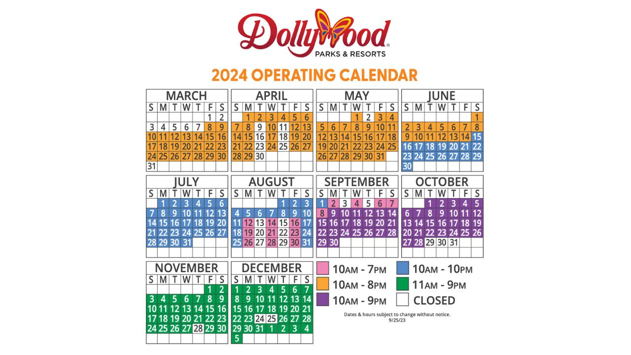 Dollywood&amp;#039;S 2024 Calendar And Operating Schedule intended for Dollywood Crowd Calendar June 2024