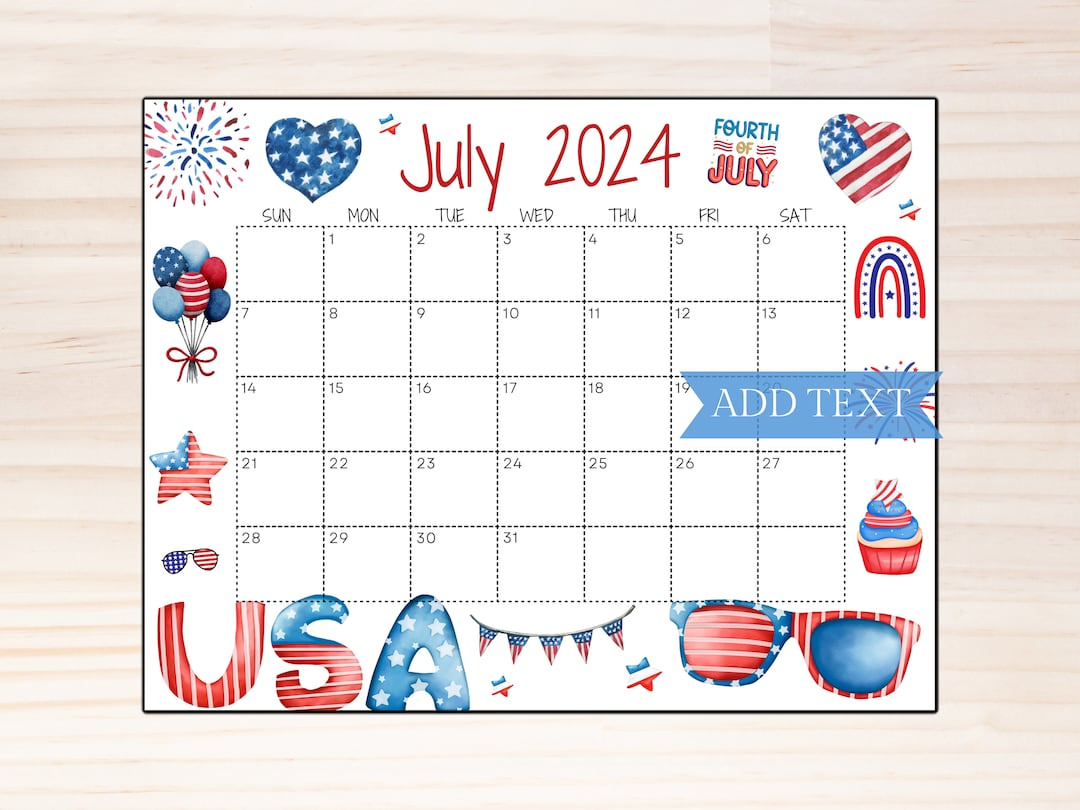 Druckbarer Kalender Für Juli 2024, Bearbeitbarer Sommerkalender Mit Amerikanischer Flagge, Monatskalender, Befüllbarer Kalender, Juli Planer - Etsy.de throughout 4Th Of July 2024 Calendar