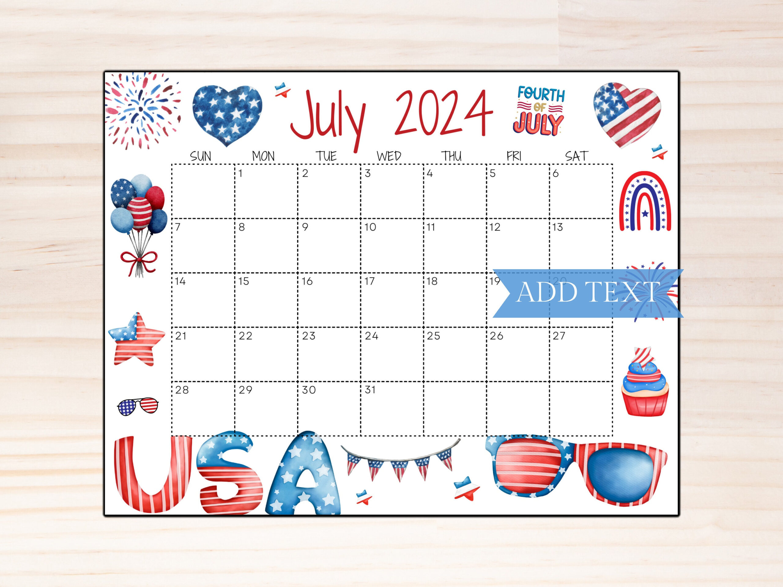 Druckbarer Kalender Für Juli 2024, Bearbeitbarer Sommerkalender regarding July 4 2024 Calendar