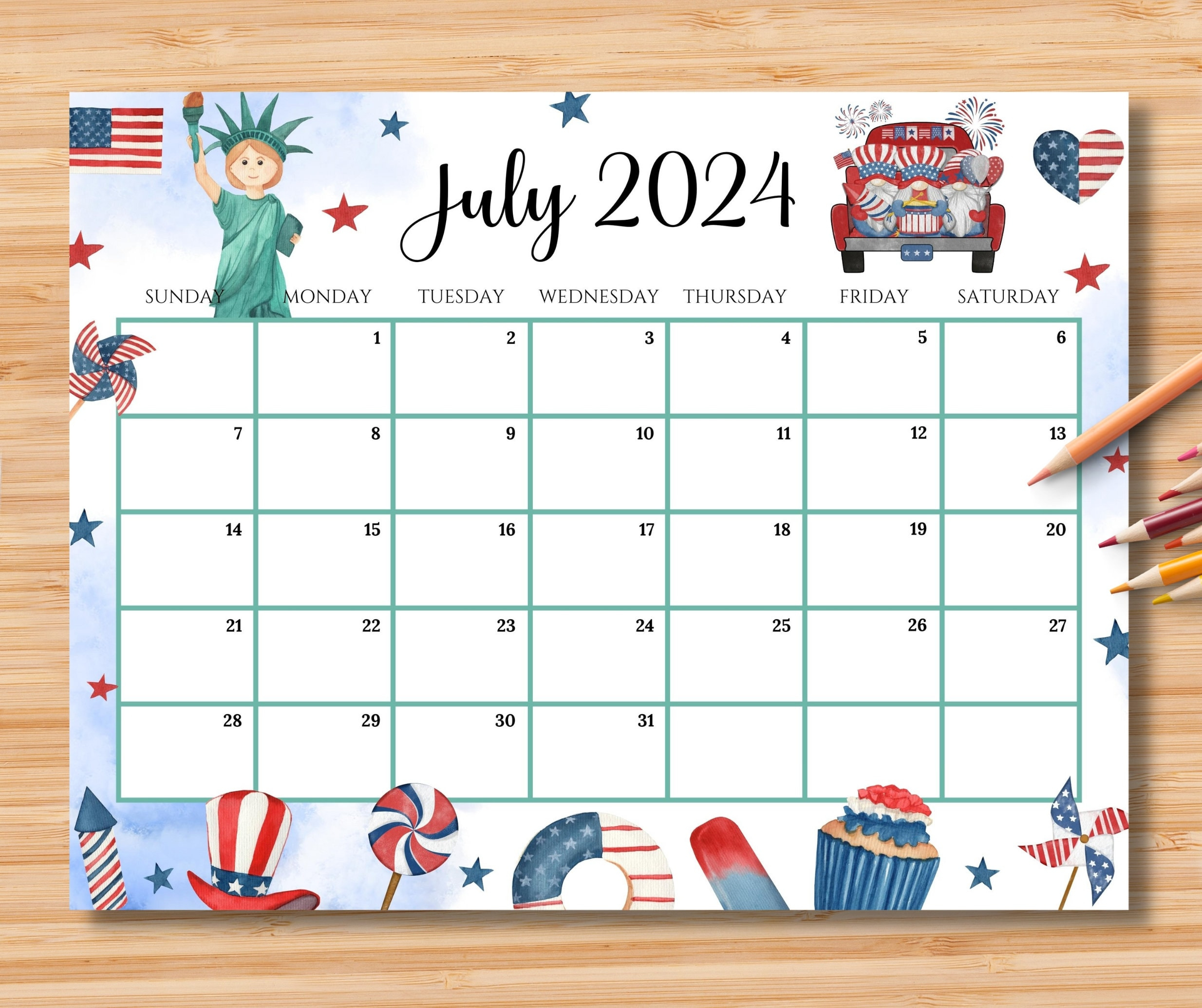 Editable July 2024 Calendar, 4Th July Independence Day, Printable in Editable July 2024 Calendar
