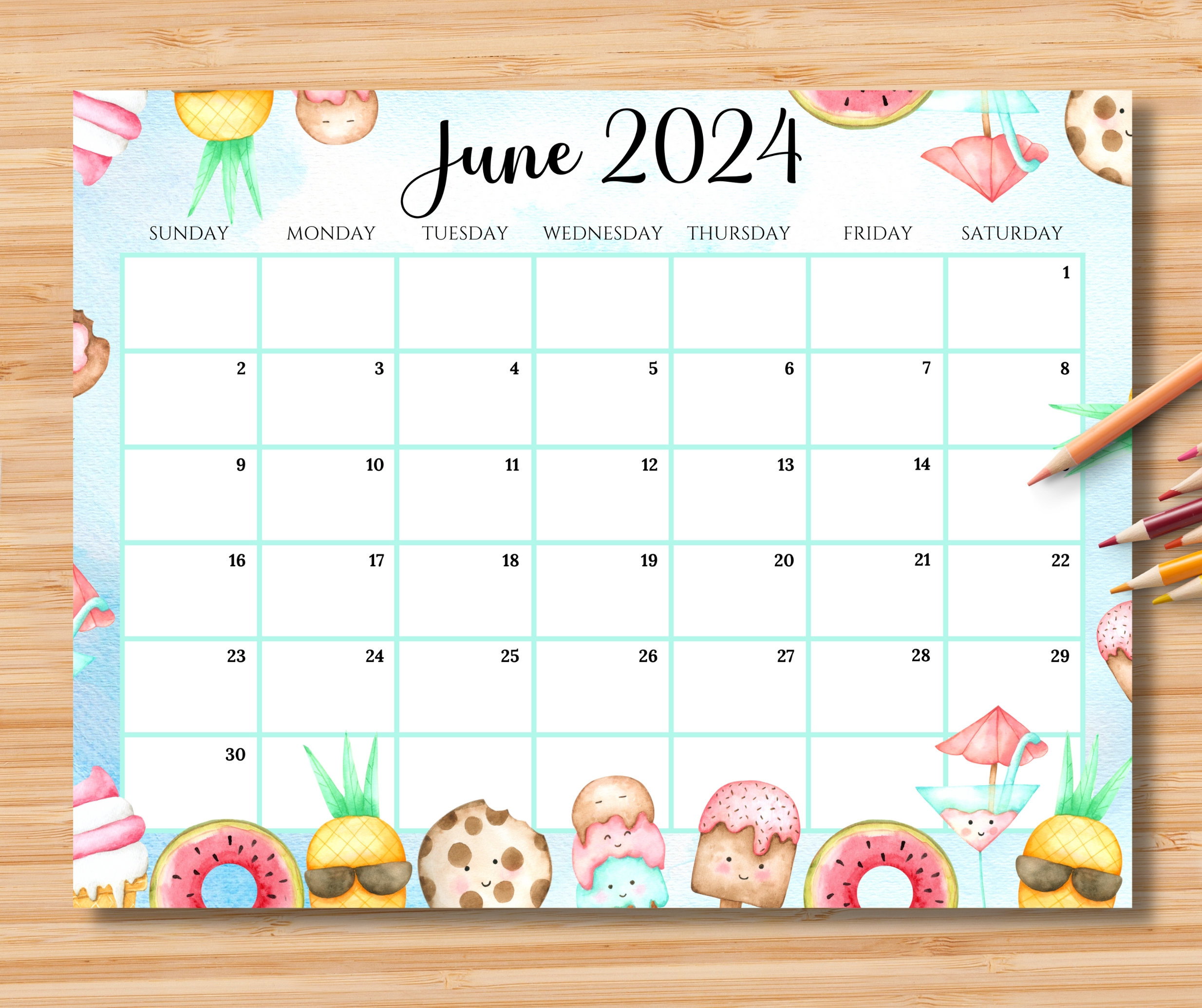 Editable June 2024 Calendar, Happy Summer With Sweet Drinks in Editable June 2024 Calendar