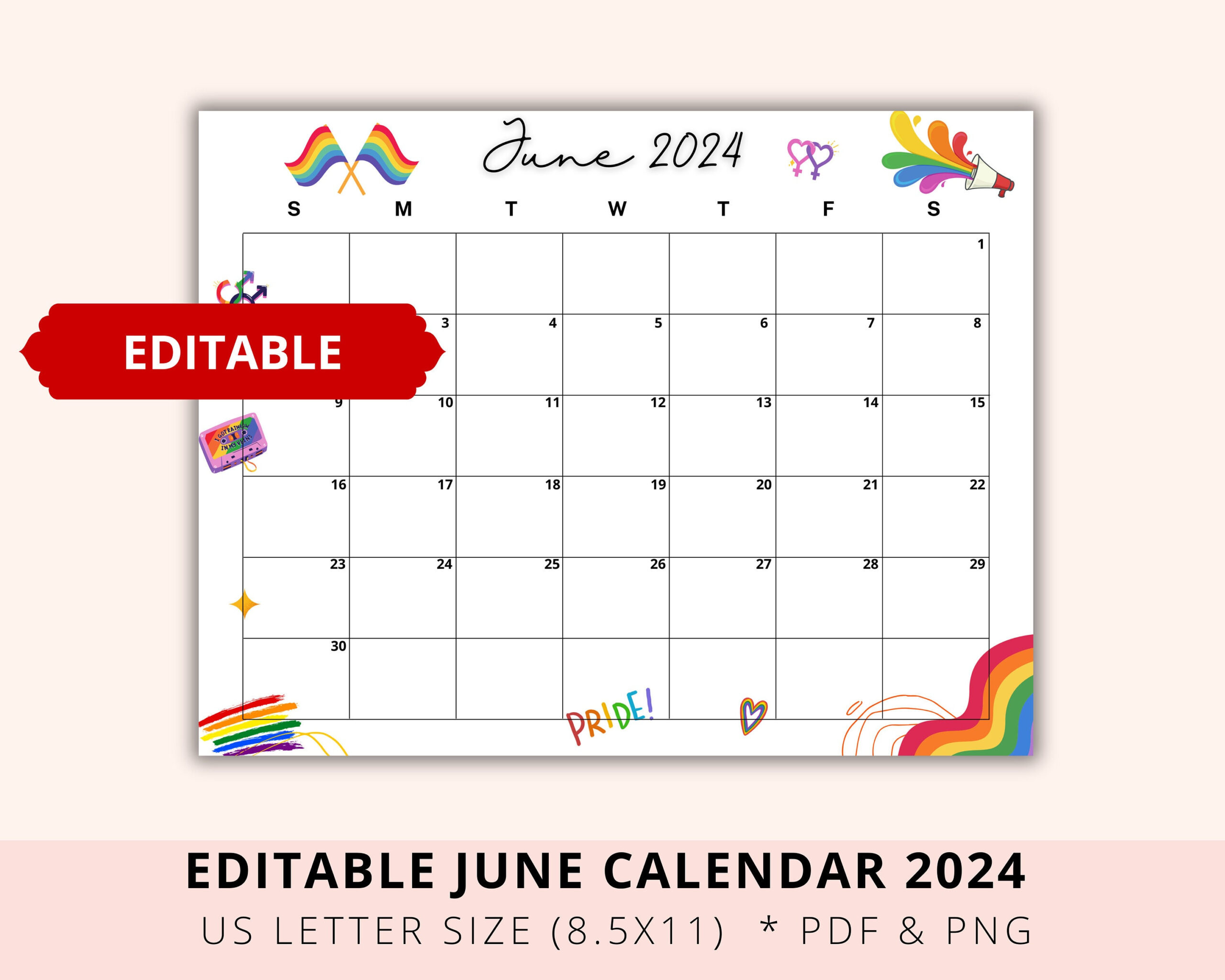 Editable June Calendar 2024, Pride Month 2024, Lgbt Proud for June Pride Month Calendar 2024