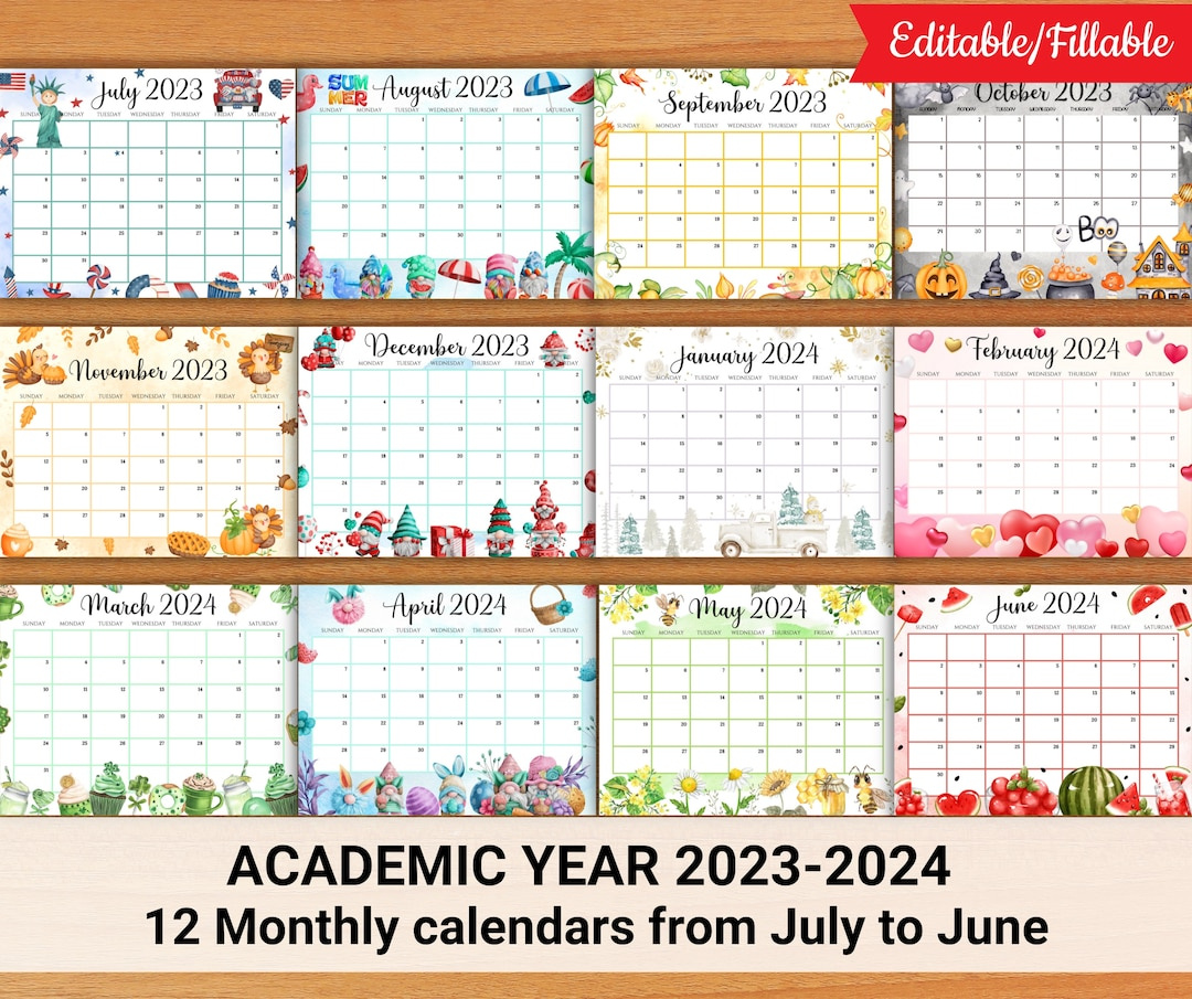 Editable School Calendar 2023-2024 From July To June, Printable Monthly Kids Schedule, Homeschool Classroom Calendar, Instant Download - Etsy regarding Monthly Calendar August 2023-June 2024