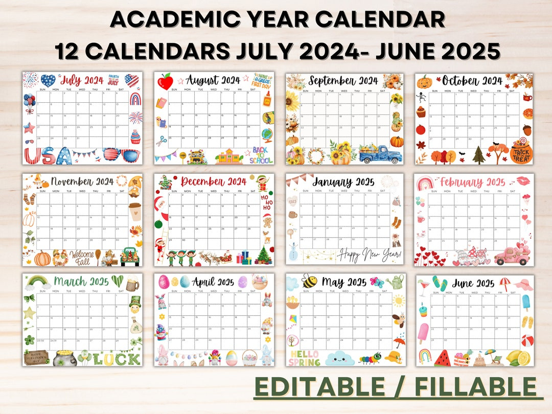 Editable School Calendar 2024-2025 From July To June Printable with Calendar July 2024 - June 2025