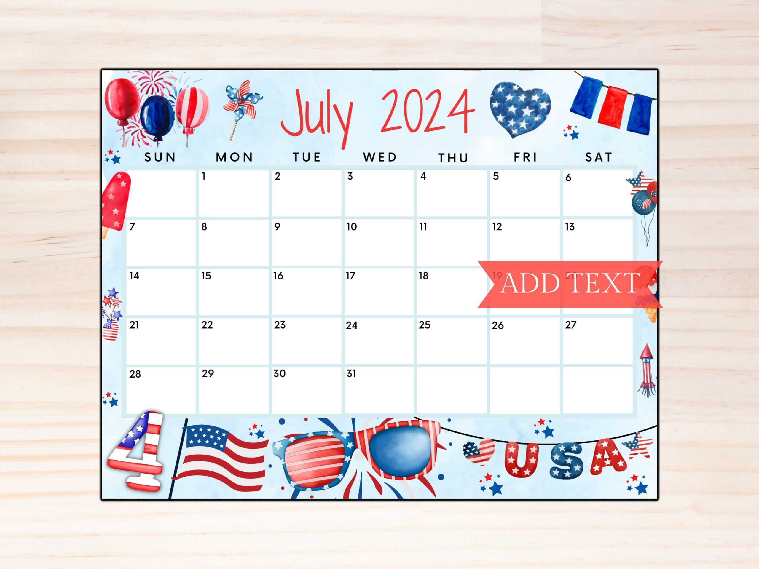 Editierbarer Juli 2024 Sommerkalender, Druckbarer in Julio 2024 Calendar