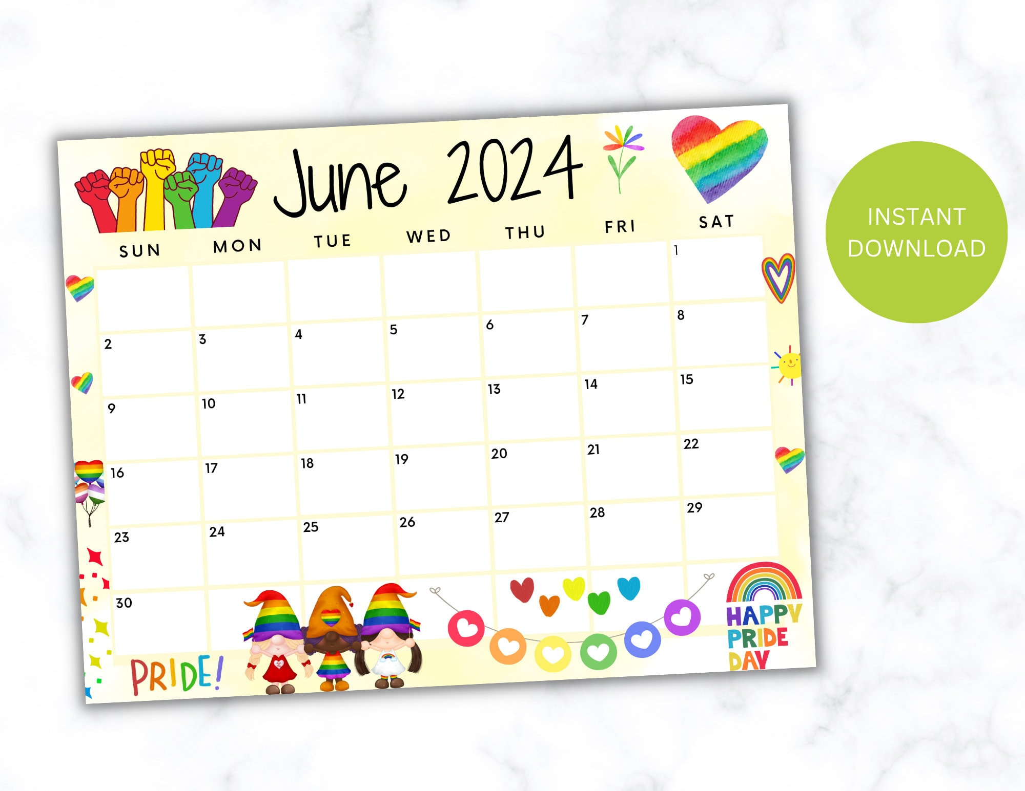 Editierbarer Kalender Juni 2024, Druckbarer Kalender, Pride in June 2024 Pride Month Calendar