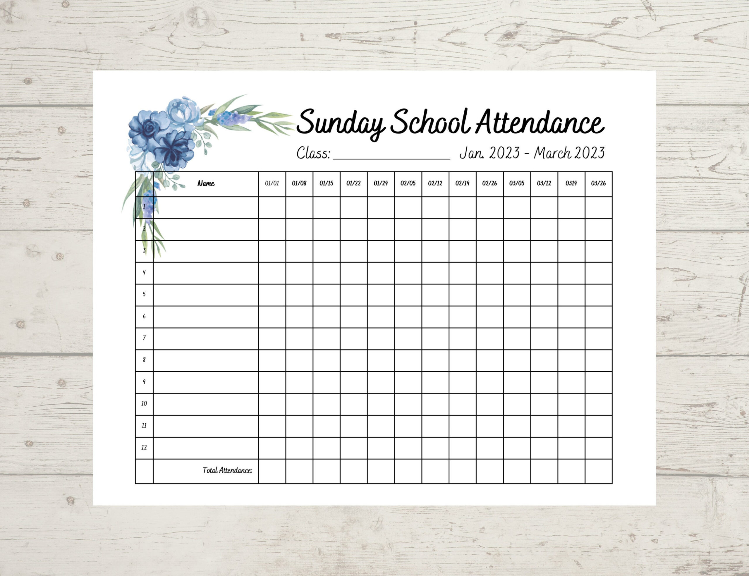 Floral Sunday School Attendance Sheet January 2023 - March 2023 pertaining to Sunday School Attendance 2024