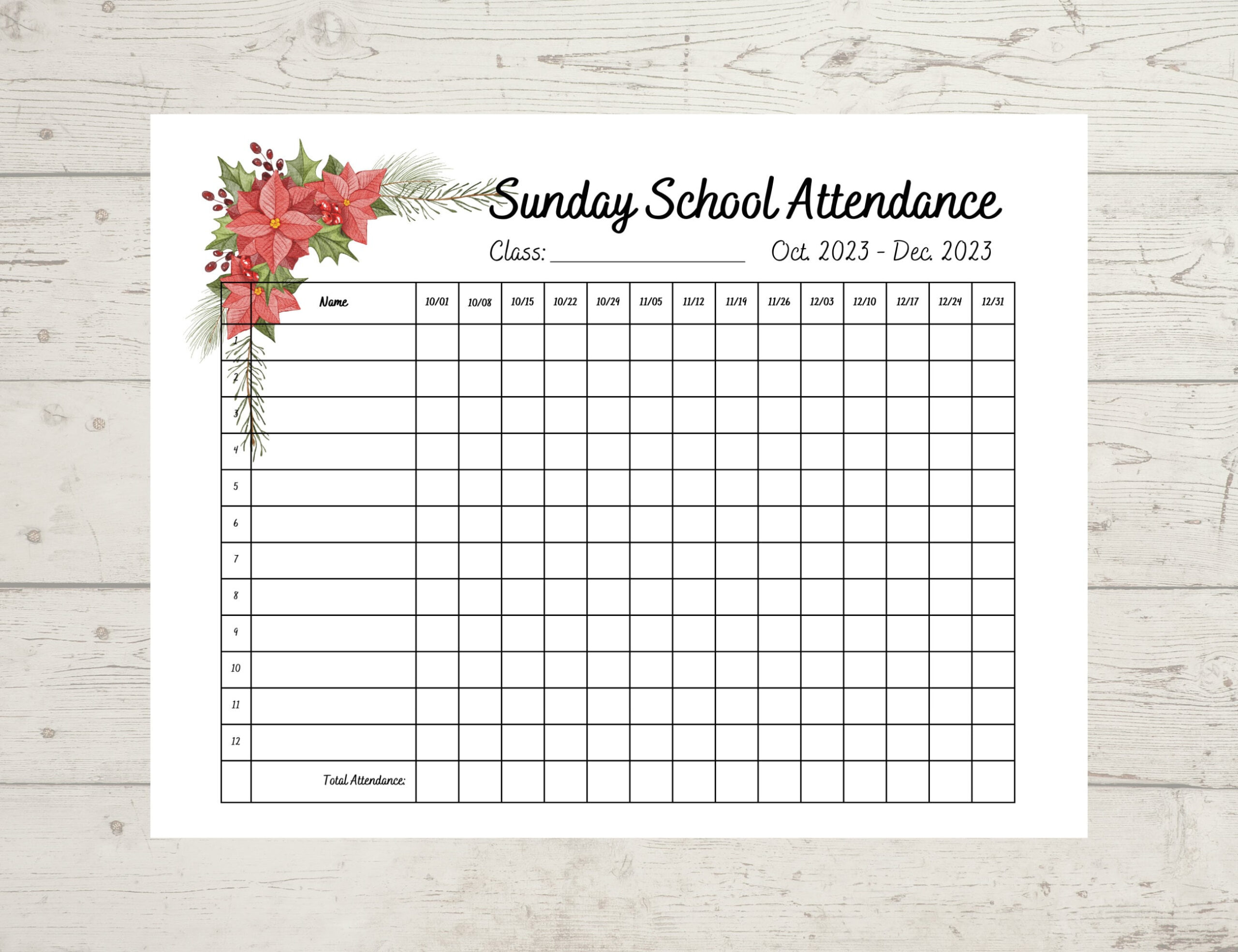 Floral Sunday School Attendance Sheet October 2023 - December 2023 for Sunday School Attendance 2024