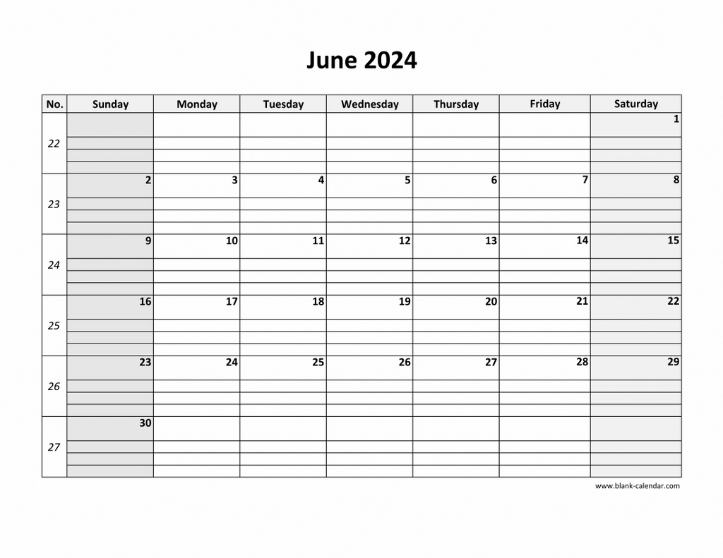 Free Download Printable June 2024 Calendar, Large Box Grid, Space throughout June Calendar 2024 With Lines