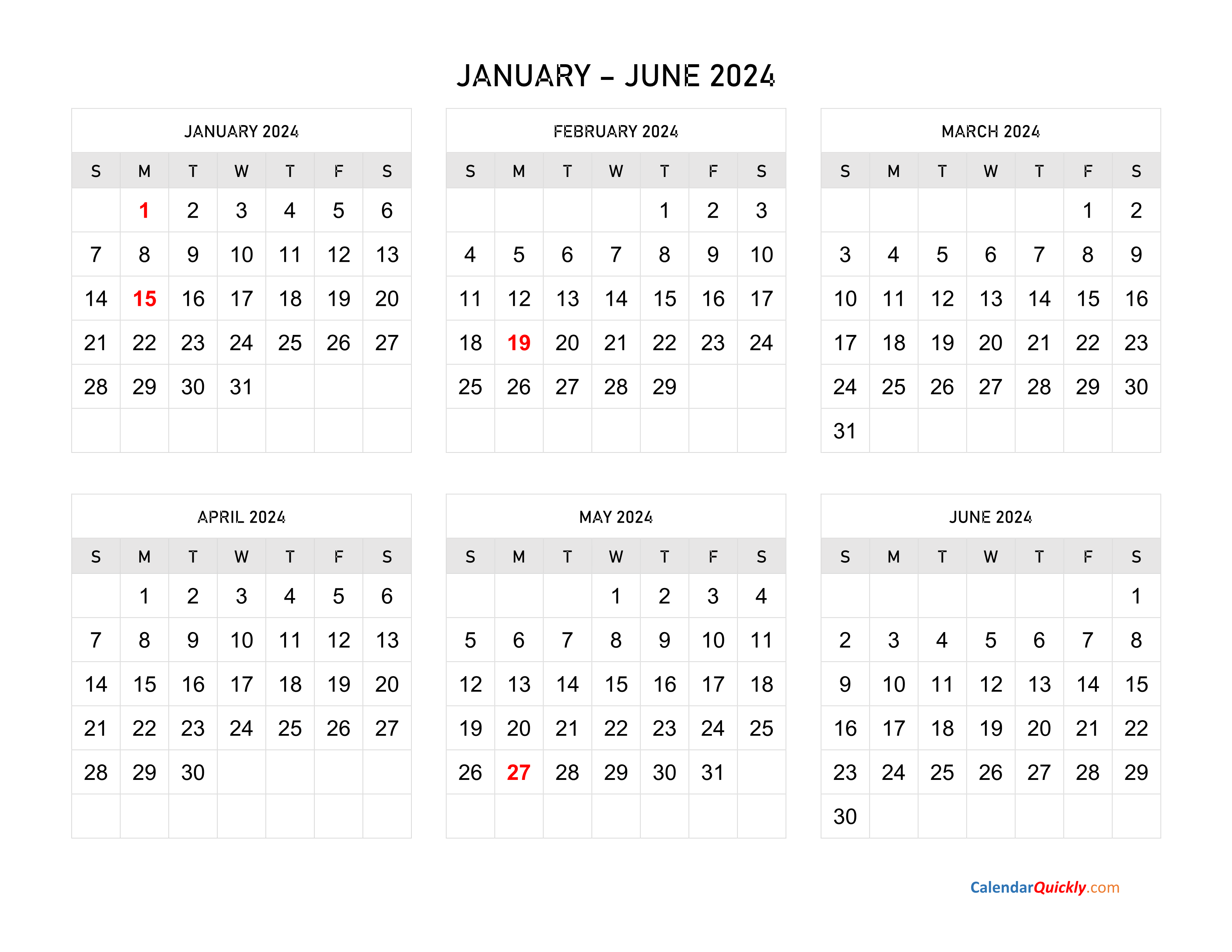 January To June 2024 Calendar Horizontal | Calendar Quickly pertaining to 2024 Calendar January To June