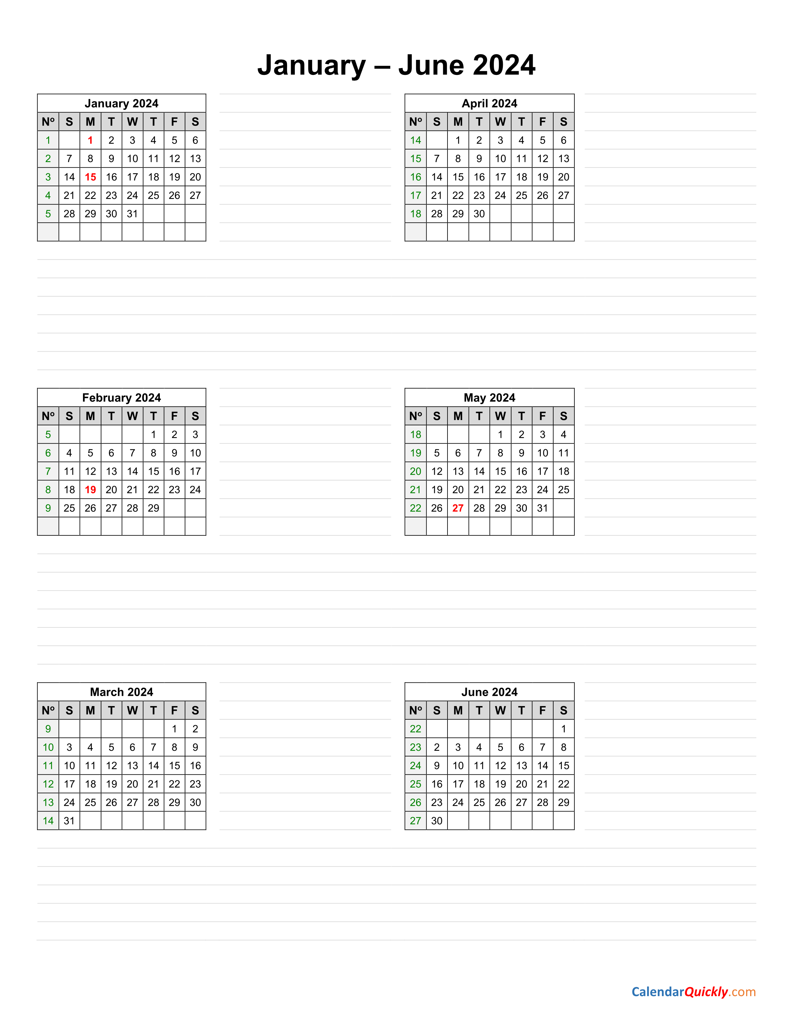 January To June 2024 Calendar Vertical | Calendar Quickly in 2024 Calendar January To June