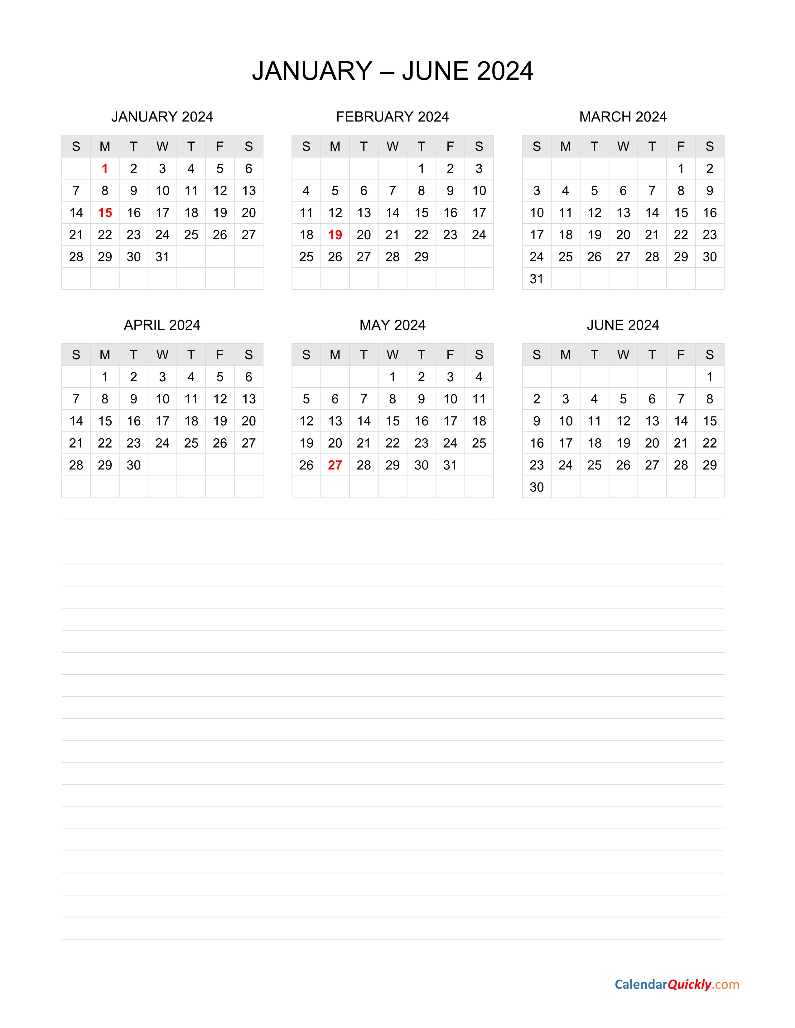 January To June 2024 Calendar With Notes | Calendar Quickly with January Through June 2024 Calendar