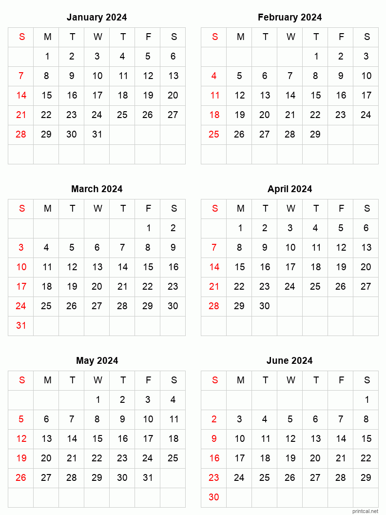 January To June 2024 Printable Calendar | Six Months Per Page inside January To June 2024 Calendar Printable