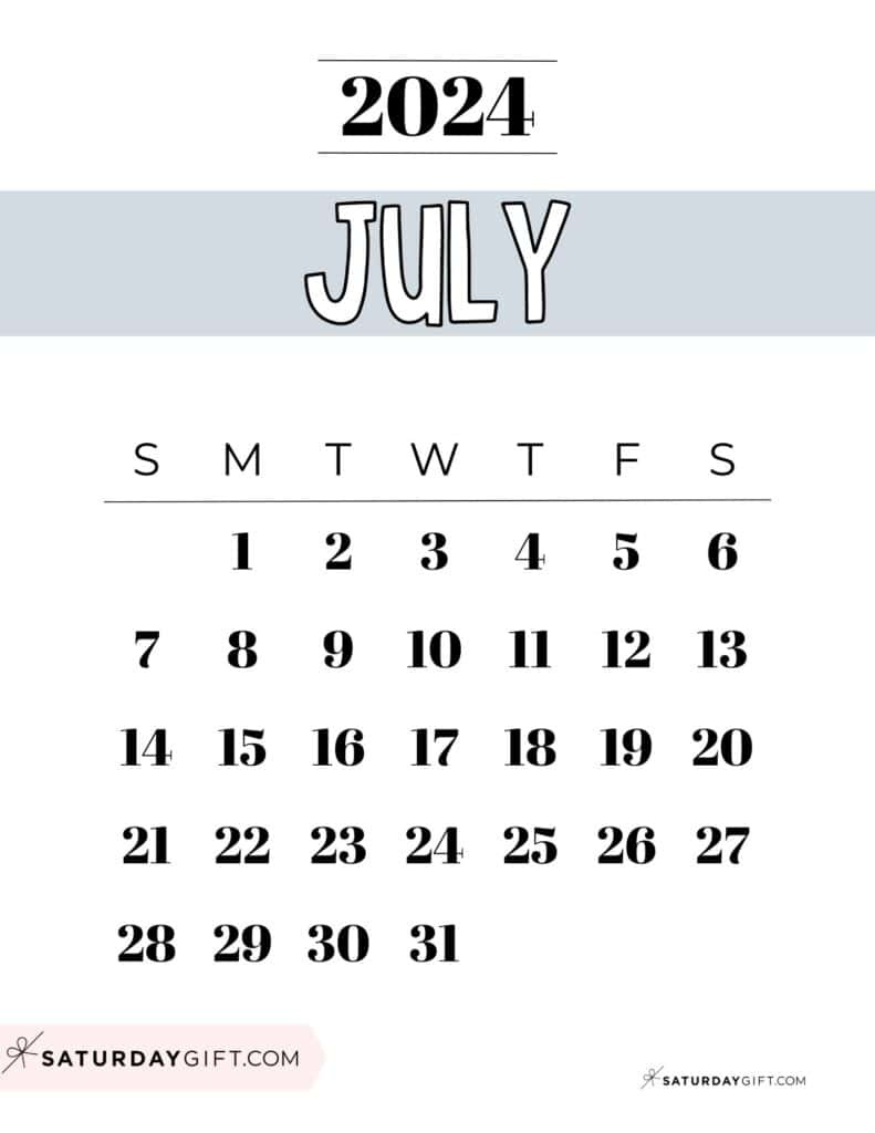 July 2024 Calendar - 20 Cute &amp;amp; Free Printables | Saturdaygift for July 30 2024 Calendar