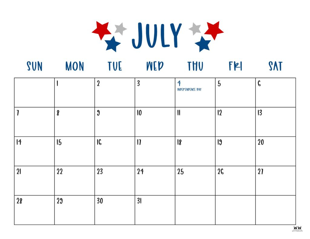 July 2024 Calendars - 50 Free Printables | Printabulls with regard to July 2024 Printable Calendar With Holidays