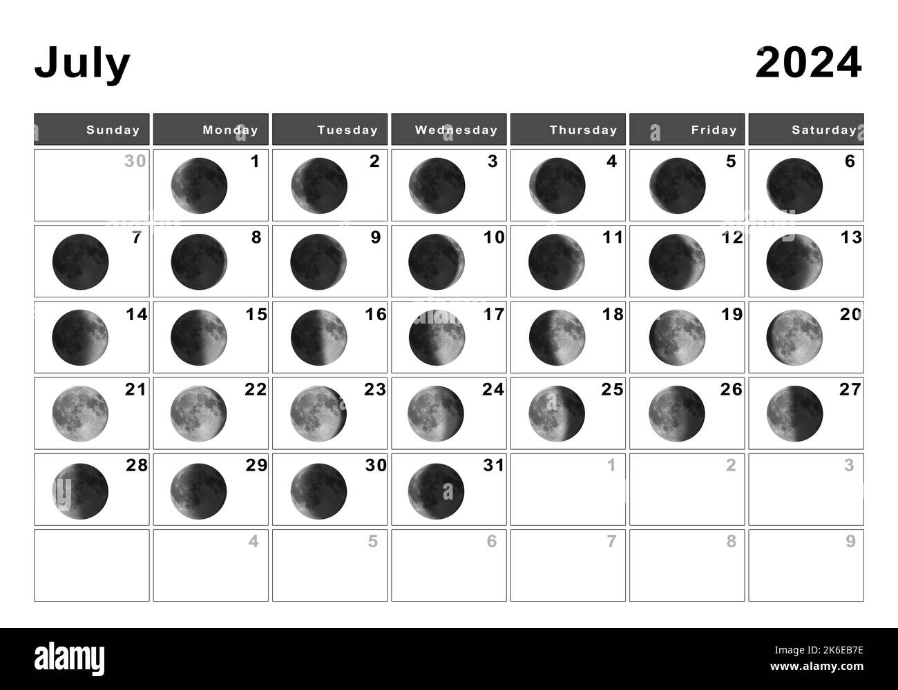 July 2024 Lunar Calendar, Moon Cycles, Moon Phases Stock Photo - Alamy throughout Moon Phase Calendar July 2024