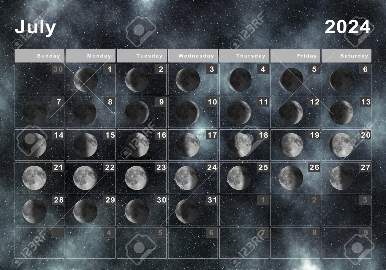 July 2024 Lunar Calendar, Moon Cycles, Moon Phases Stock Photo for Moon Phase Calendar July 2024