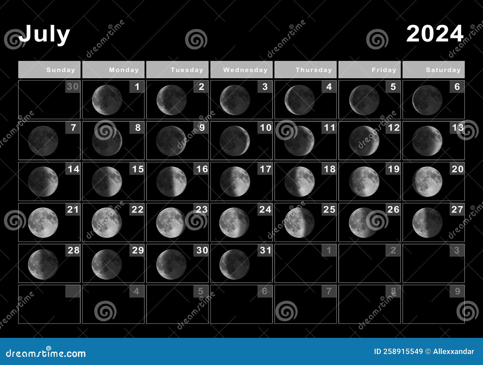 July 2024 Lunar Calendar, Moon Cycles Stock Illustration for July 2024 Moon Calendar