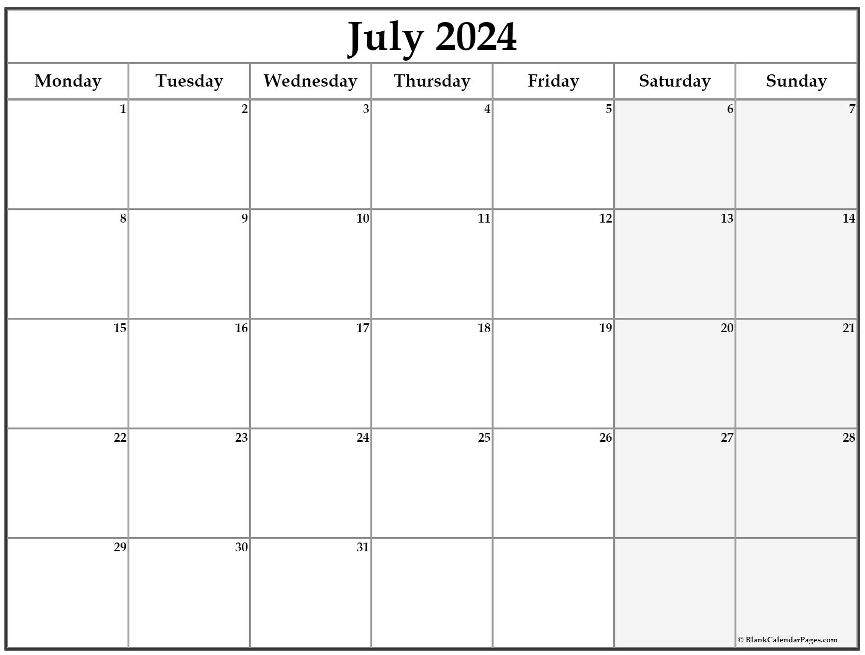 July 2024 Monday Calendar | Monday To Sunday for July 2024 Calendar Monday Start