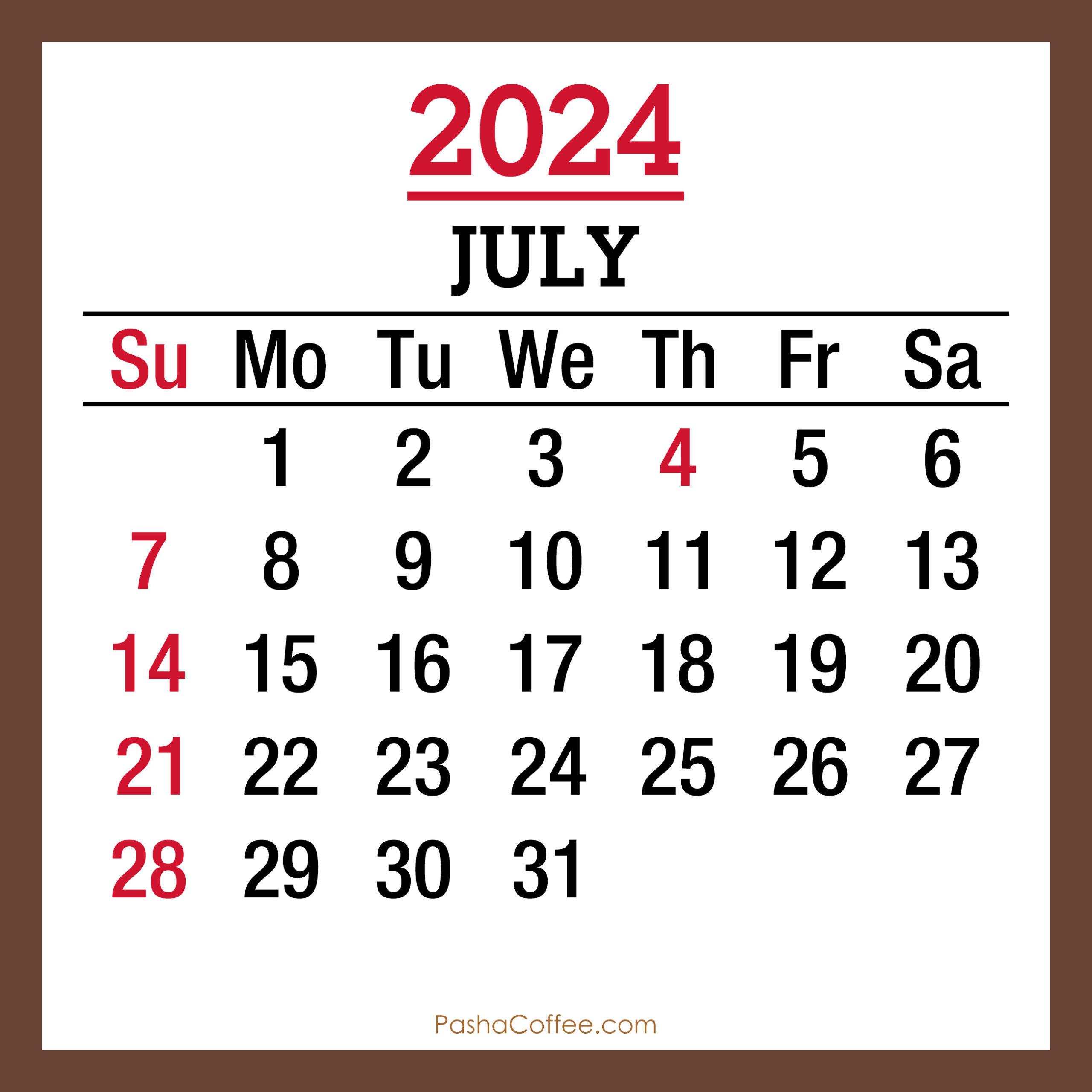 July 2024 Monthly Calendar With Holidays, Printable Free, Brown inside July 20 2024 Calendar