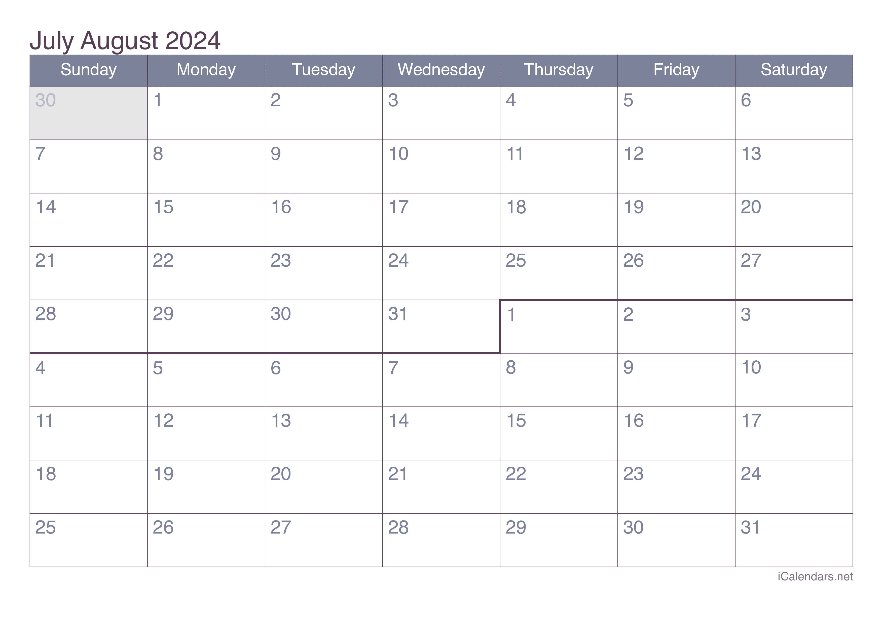 July And August 2024 Printable Calendar throughout Calendar For June And July 2024