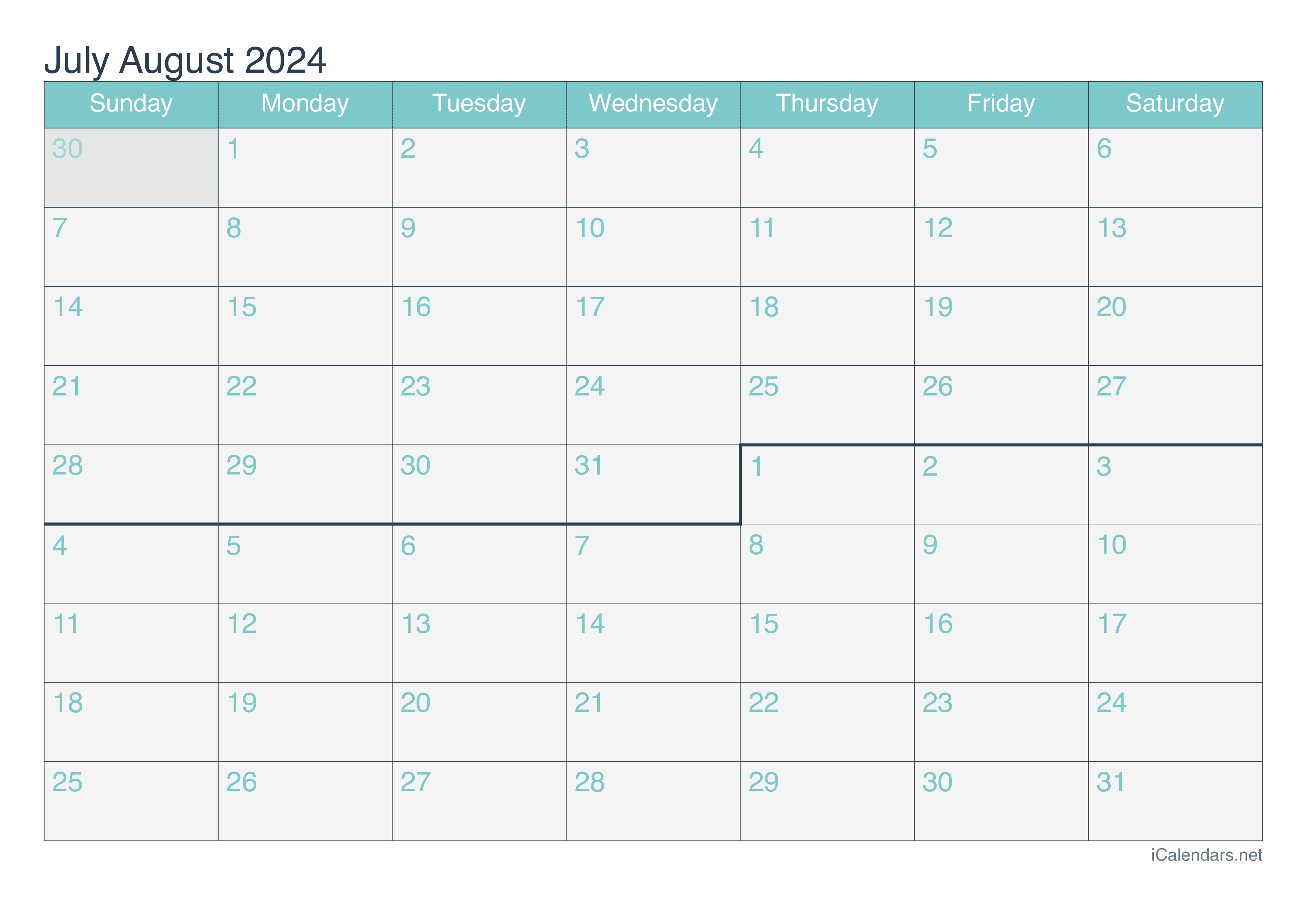 July And August 2024 Printable Calendar throughout July And August 2024 Calendar