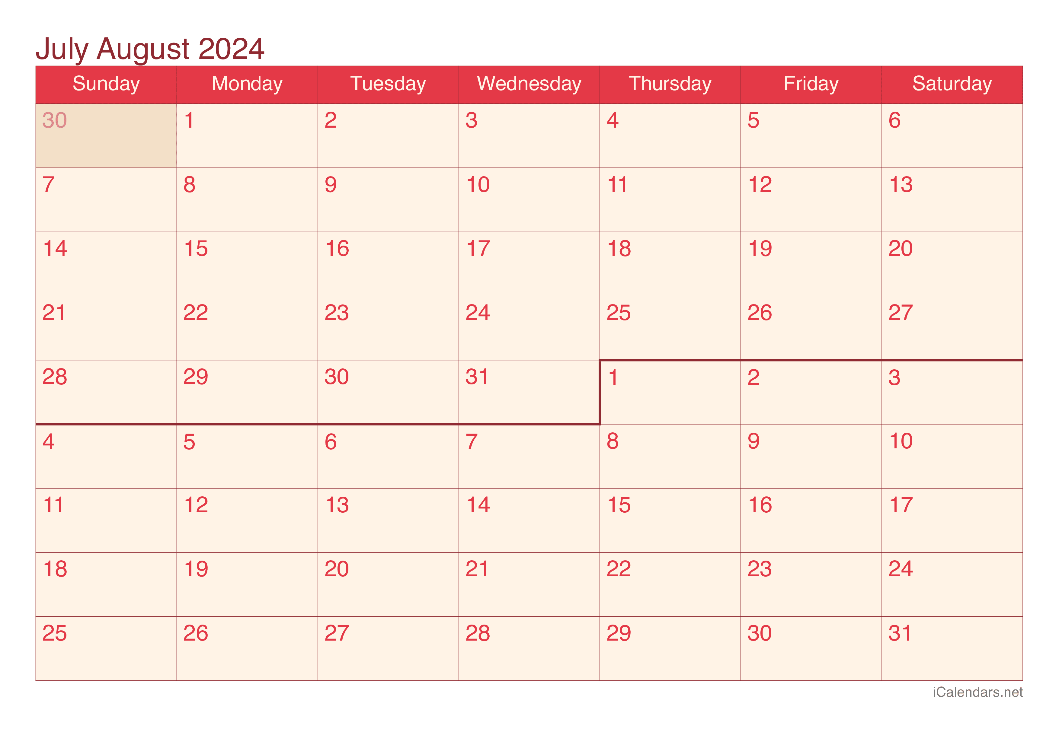 July And August 2024 Printable Calendar with regard to July And August 2024 Calendar