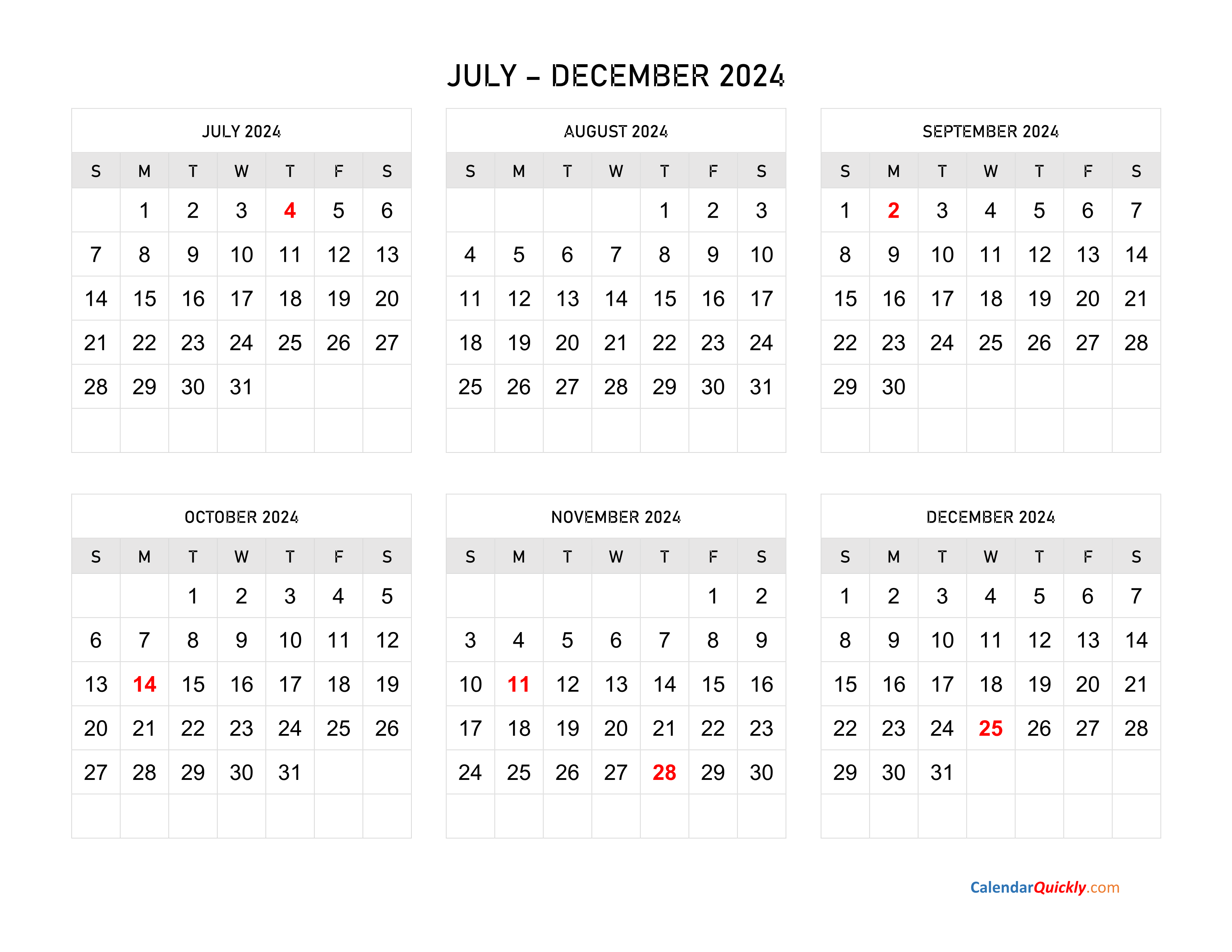 July To December 2024 Calendar Horizontal | Calendar Quickly inside July - December 2024 Calendar