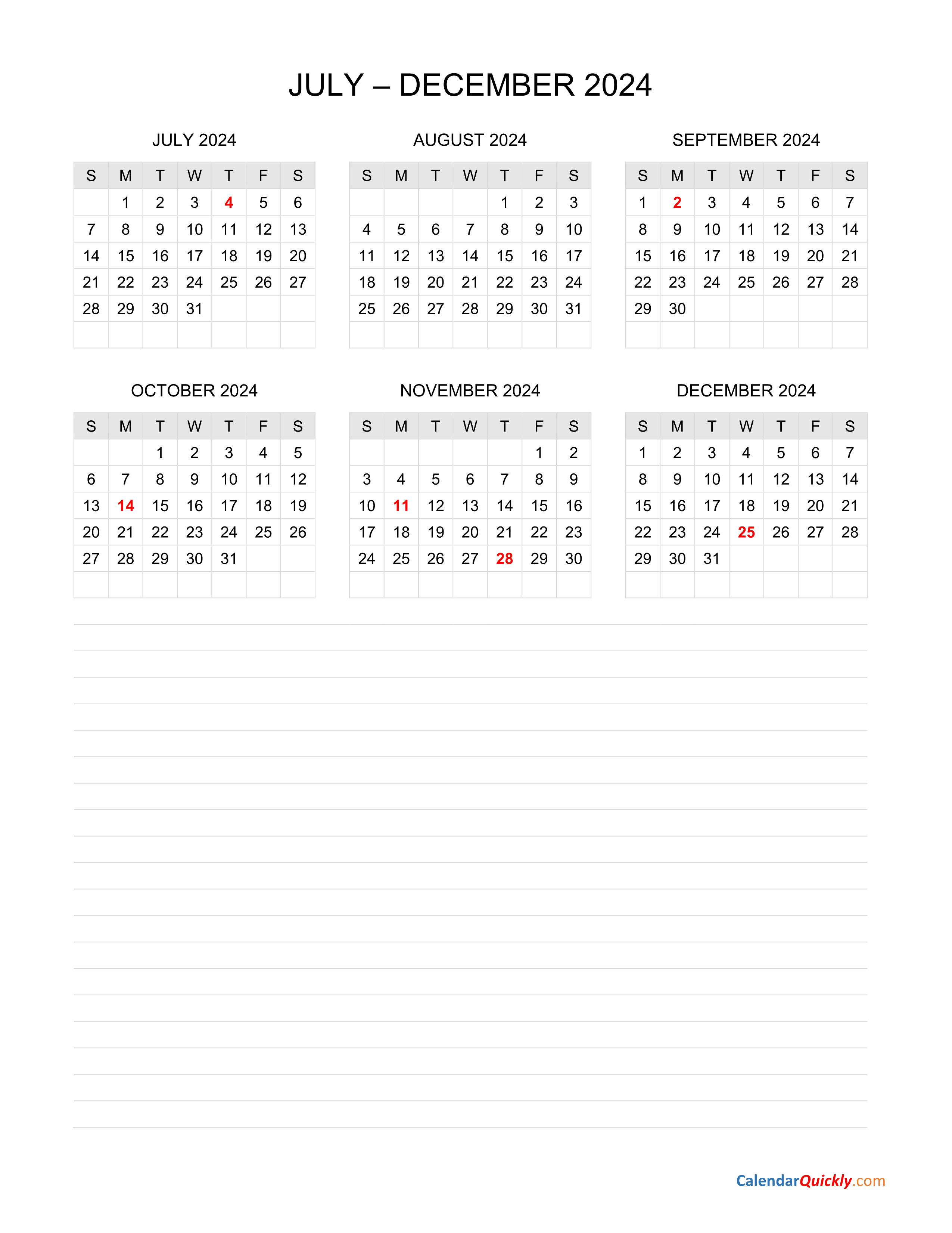July To December 2024 Calendar With Notes | Calendar Quickly within July - December 2024 Calendar