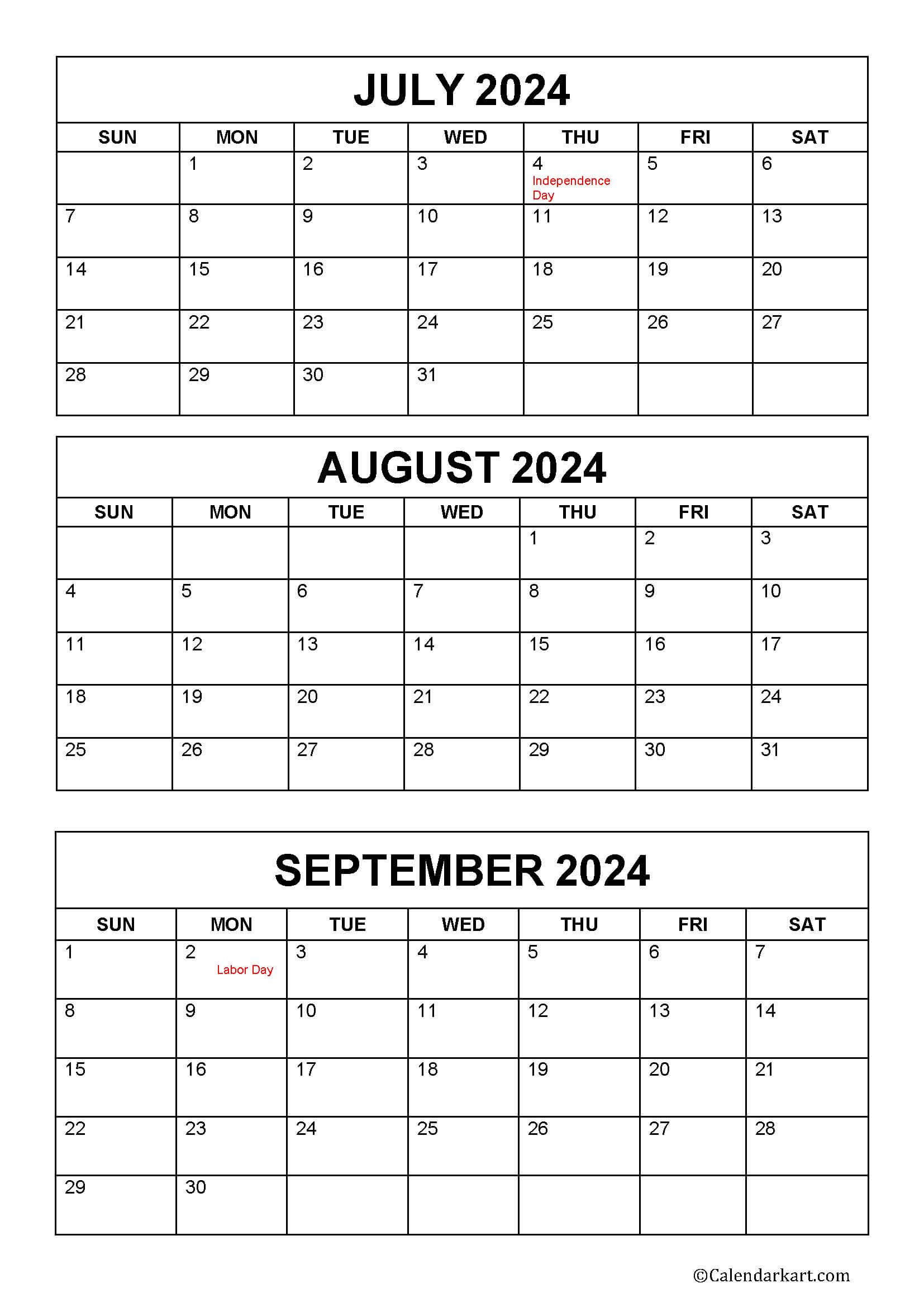 July To September 2024 Calendar (Q3) - Calendarkart with Calendar July August September 2024