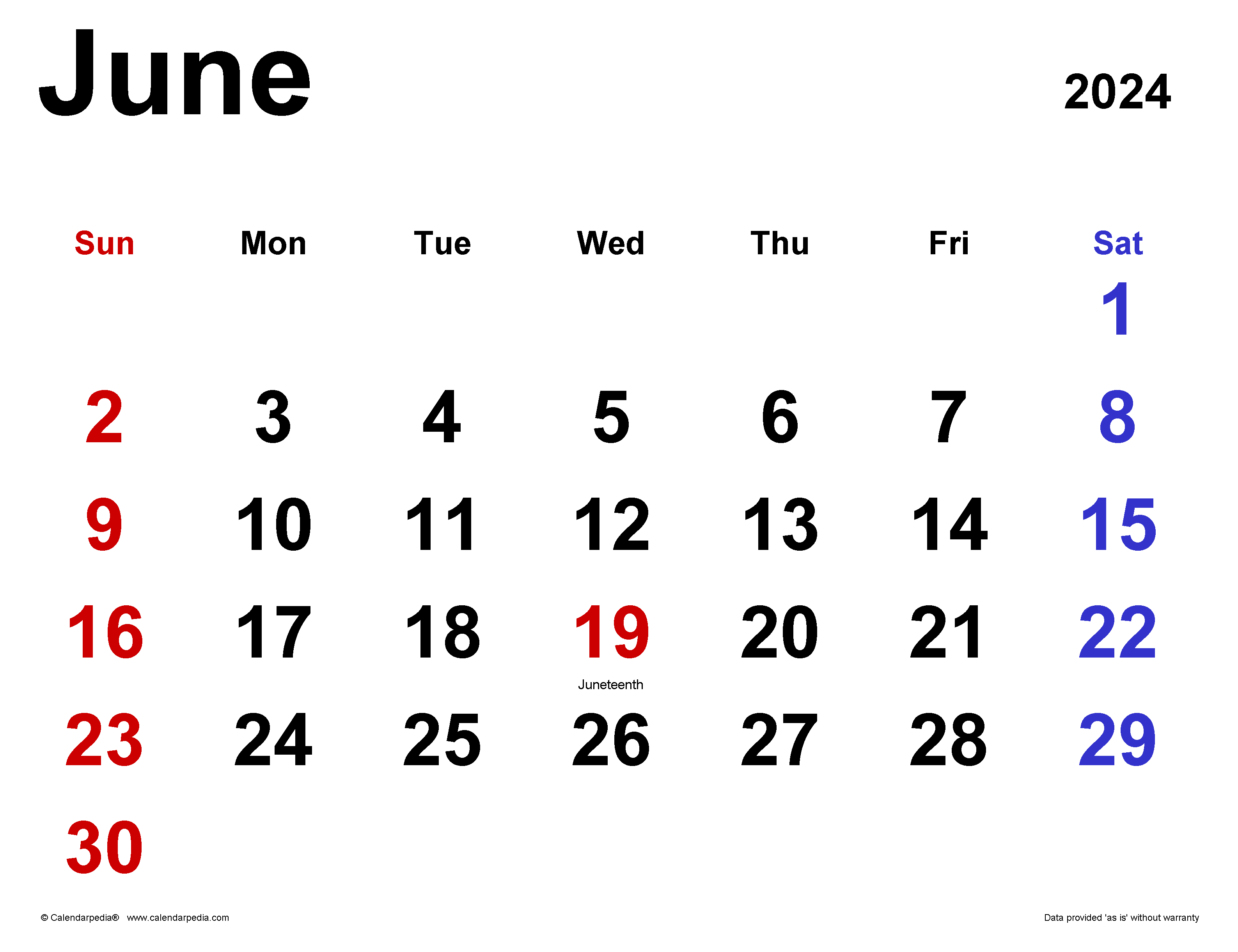 June 2024 Calendar Excel Printable Calendar 2024