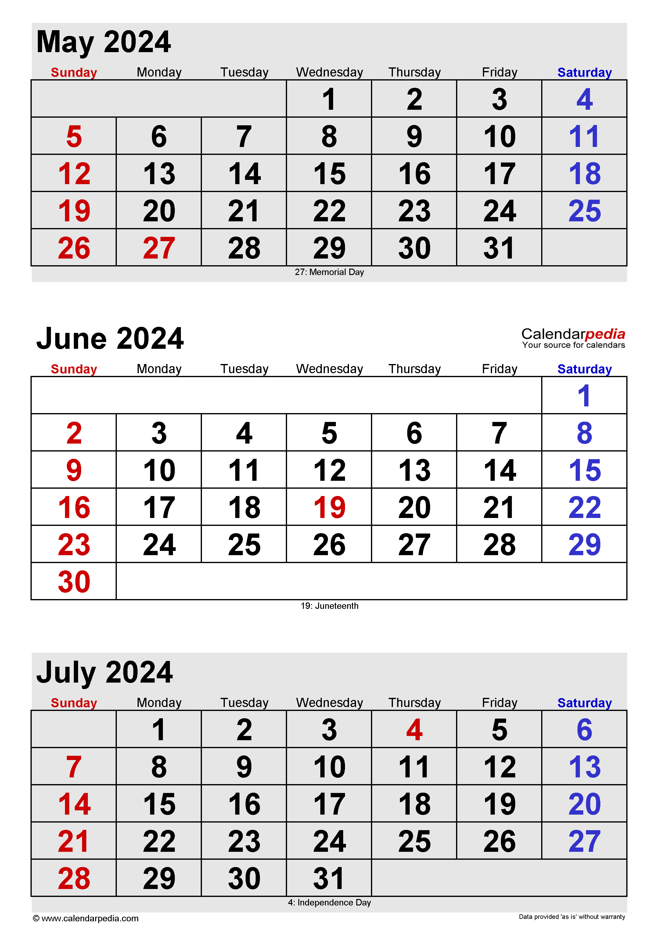 May And June 2024 Calendar With Holidays Printable Calendar 2024