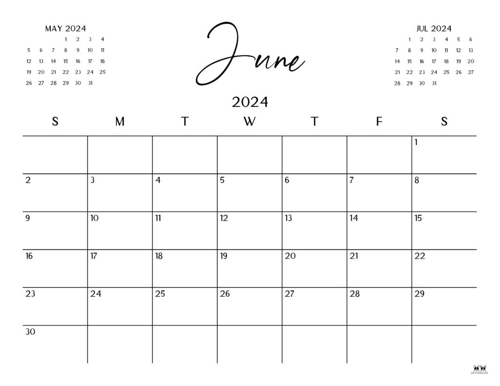 June 2024 Calendars - 50 Free Printables | Printabulls for Blank Calendar May And June 2024