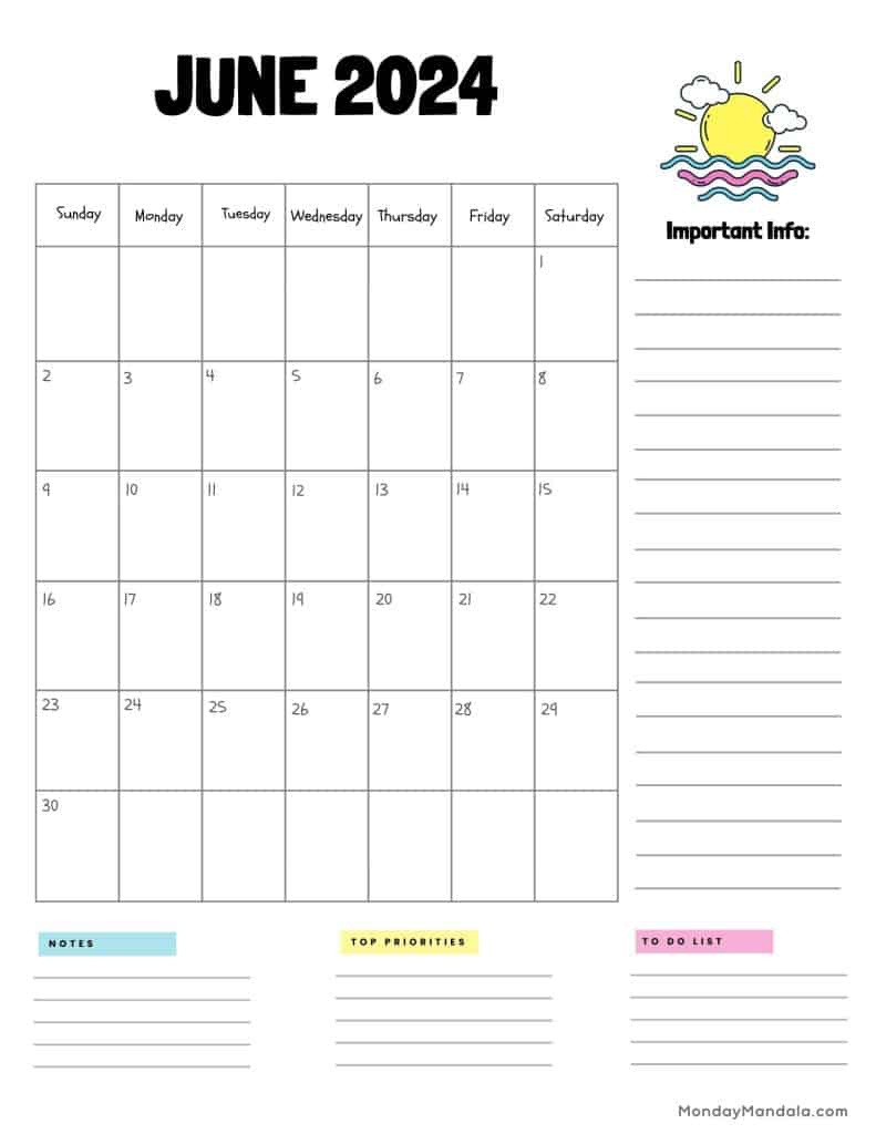 June 2024 Calendars (52 Free Pdf Printables) with June 2024 Calendar With Notes