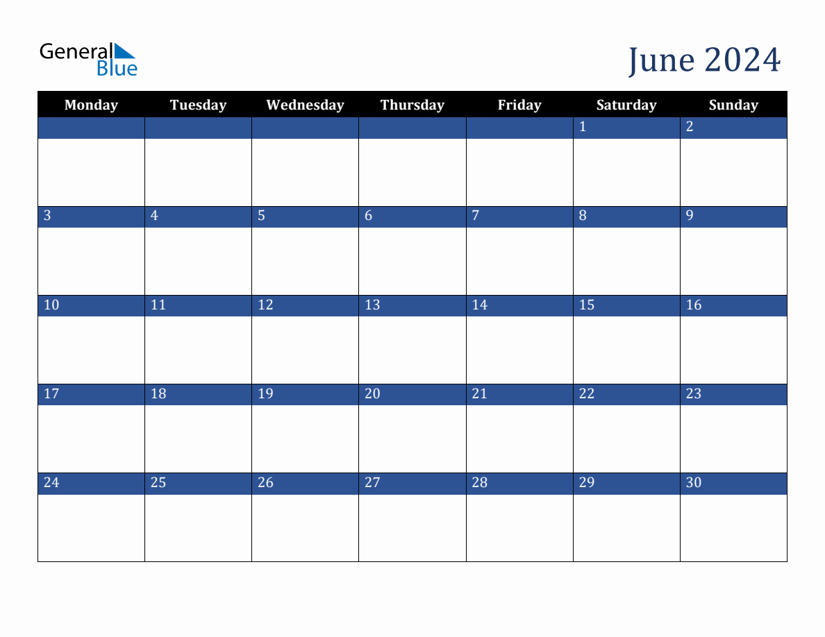 June 2024 Downloadable Monday Start Calendar in June 2024 Calendar General Blue