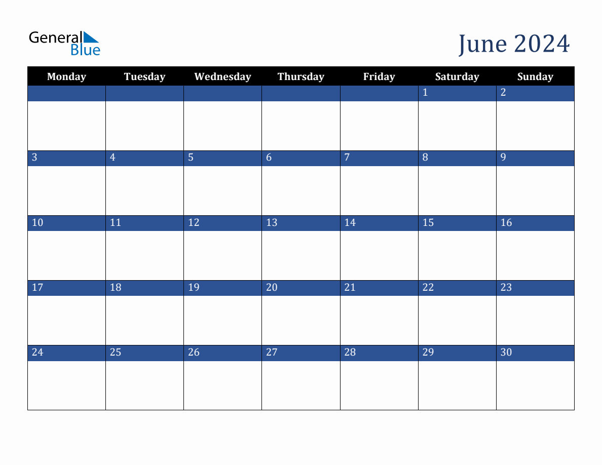 June 2024 Downloadable Monday Start Calendar intended for General Blue June 2024 Calendar