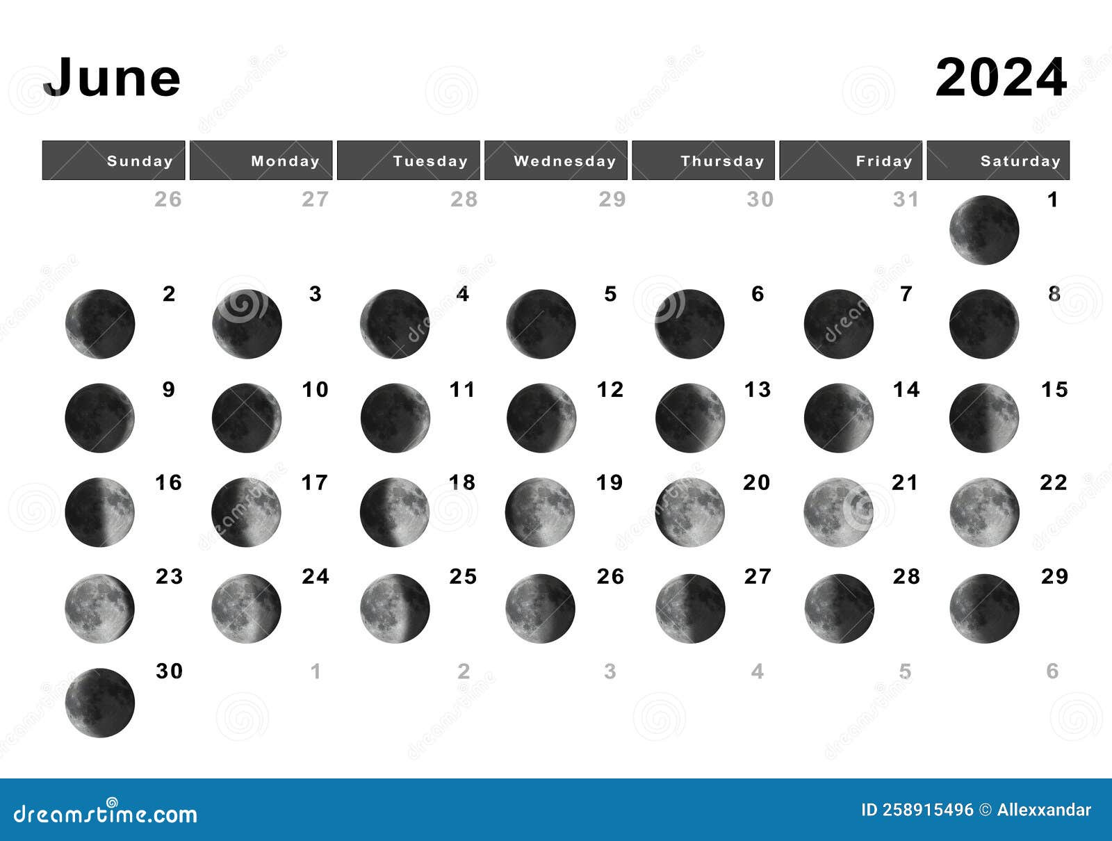 June 2024 Lunar Calendar, Moon Cycles Stock Illustration with Lunar Calendar June 2024
