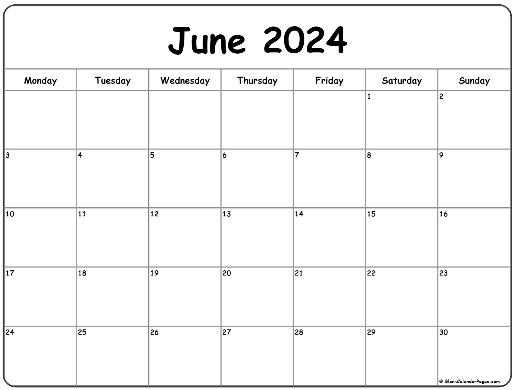 June 2024 Monday Calendar | Monday To Sunday for Calendar Of June 2024
