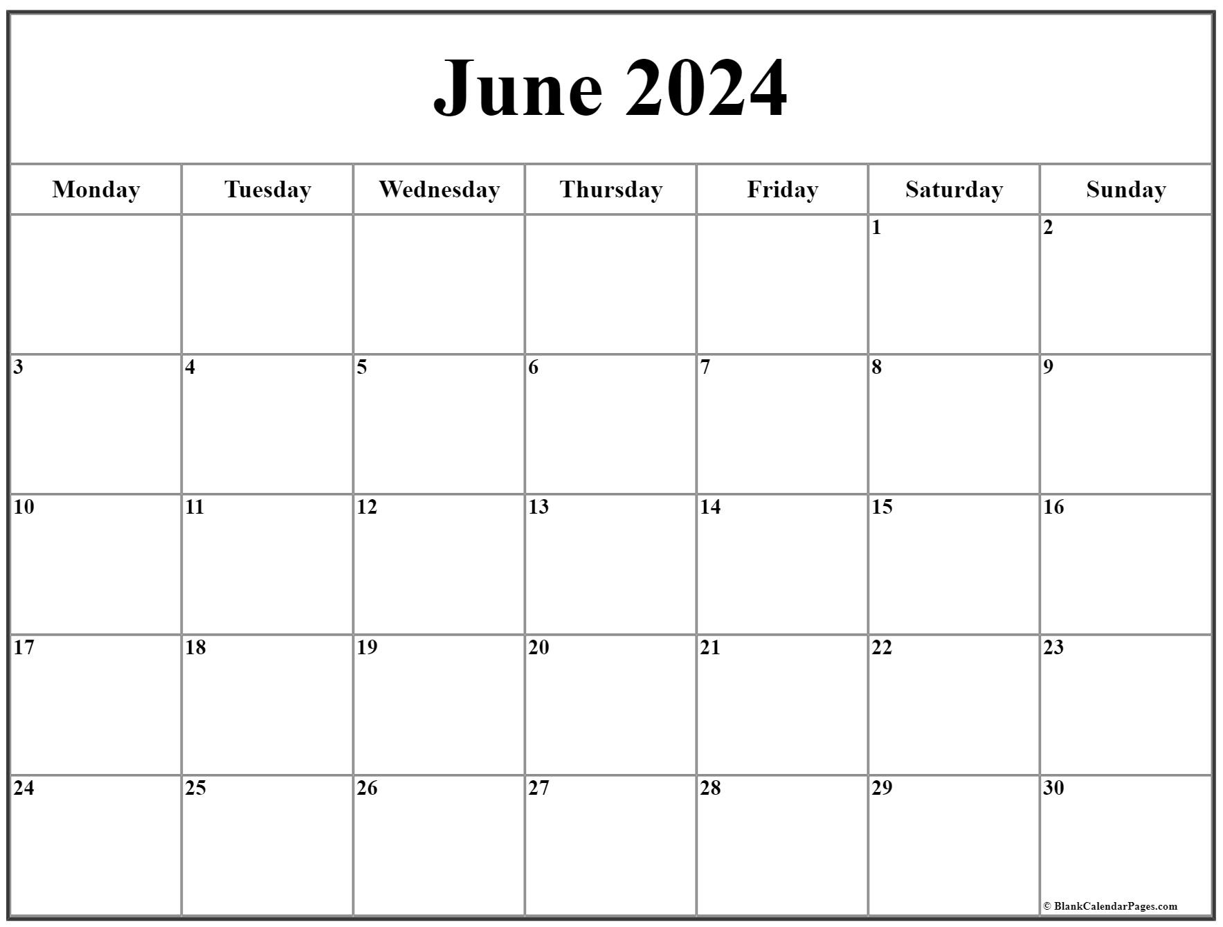 June 2024 Monday Calendar | Monday To Sunday in June 2024 Weekly Calendar
