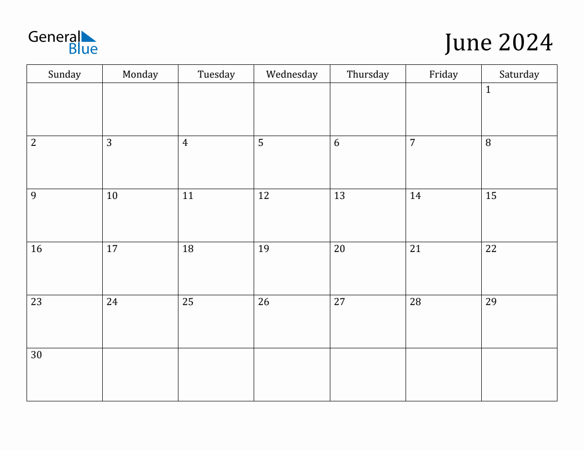 June 2024 Monthly Calendar intended for June 2024 Calendar General Blue