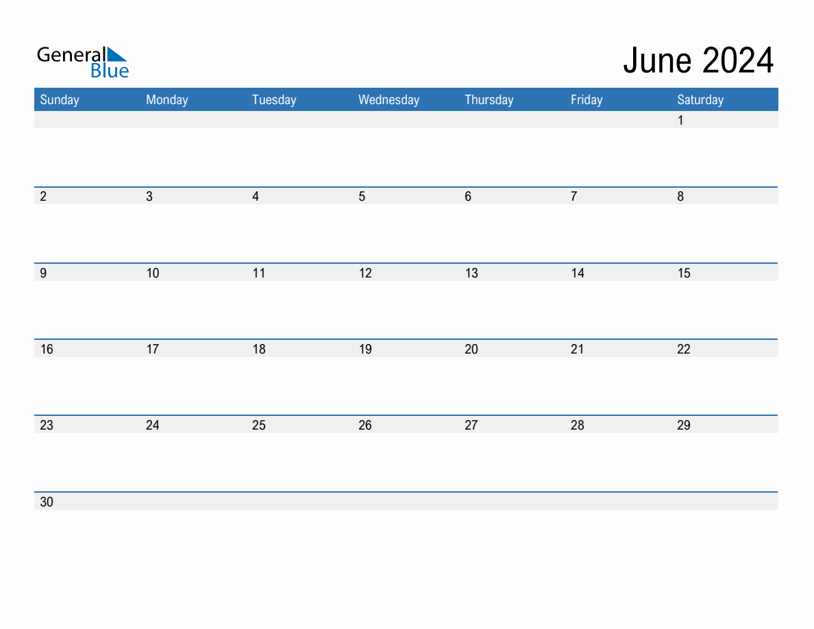 June 2024 Monthly Calendar (Pdf, Word, Excel) with General Blue June 2024 Calendar