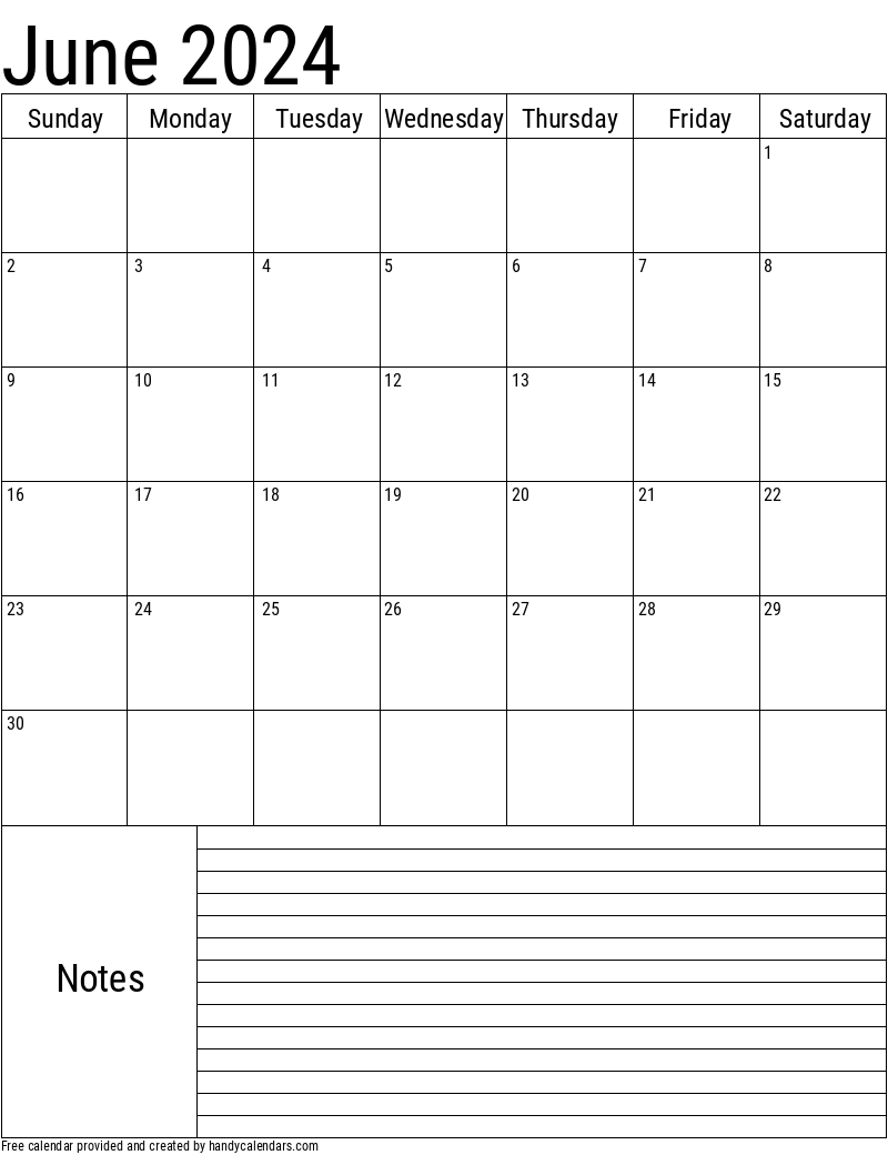 June 2024 Vertical Calendar With Notes - Handy Calendars pertaining to June 2024 Calendar With Notes