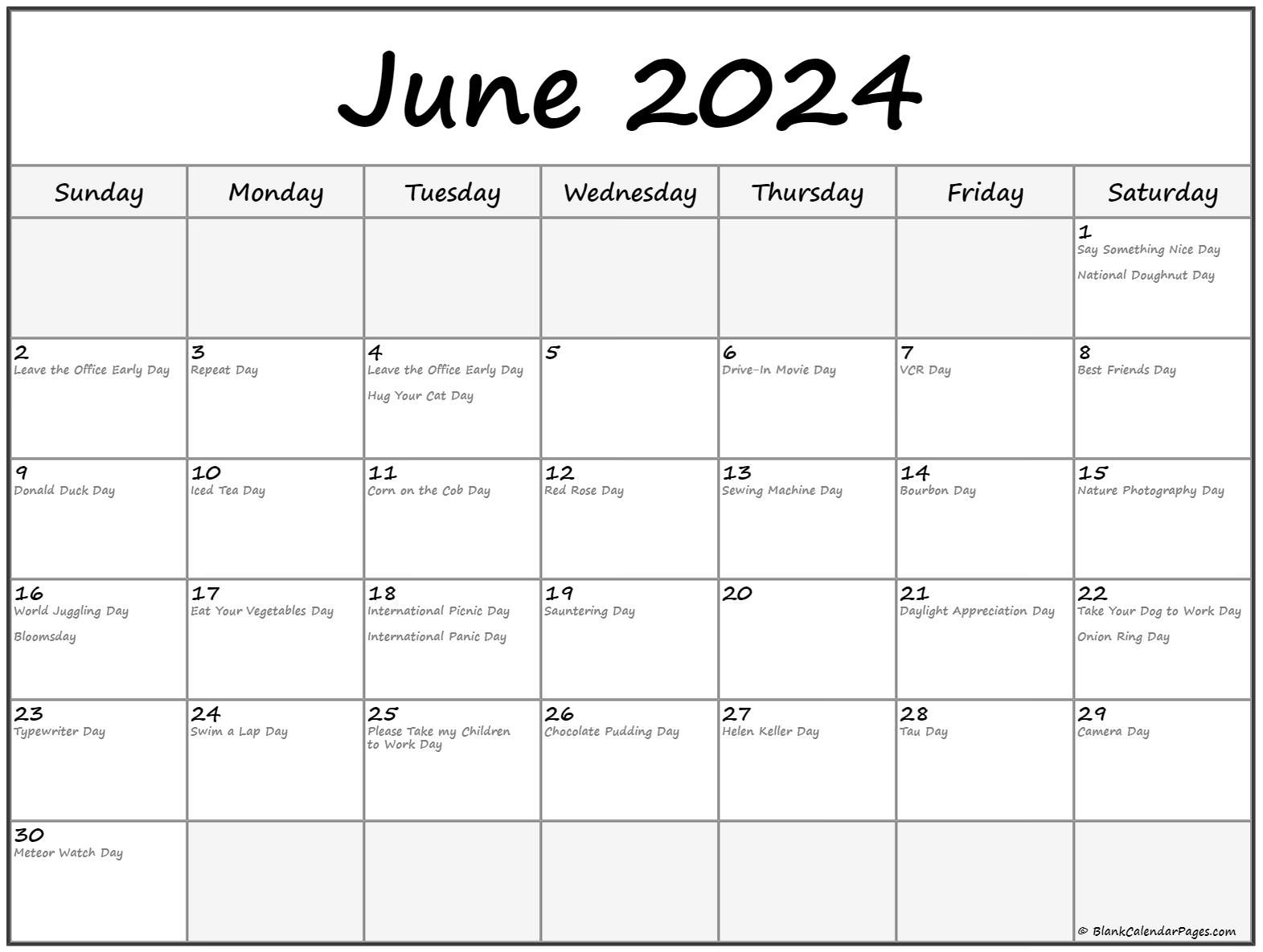 June 2024 With Holidays Calendar in Calendar Of Events For June 2024