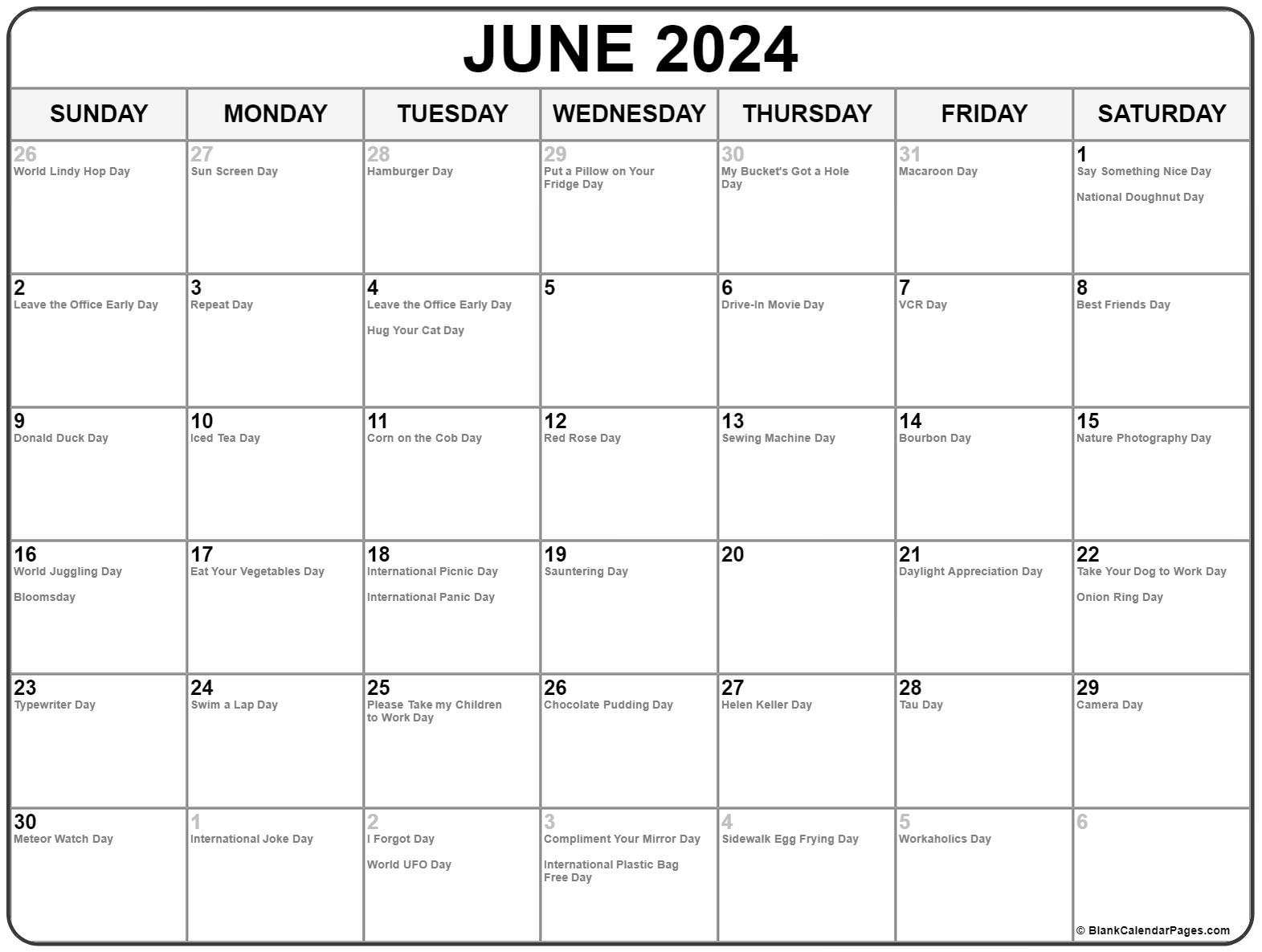 June 2024 With Holidays Calendar with National Day Calendar For June 2024
