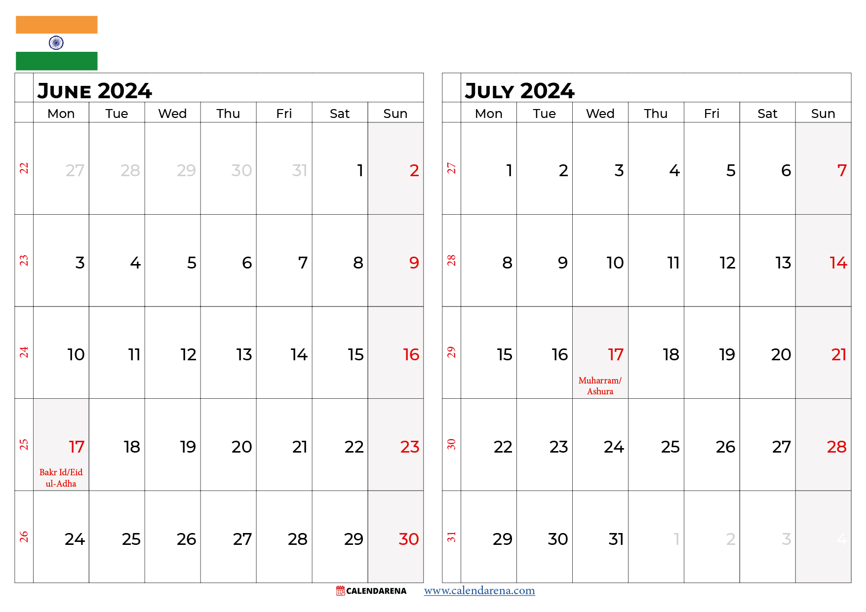 June July 2024 Calendar India In 2024 | Free Printable Calendar in June 2024 Calendar India